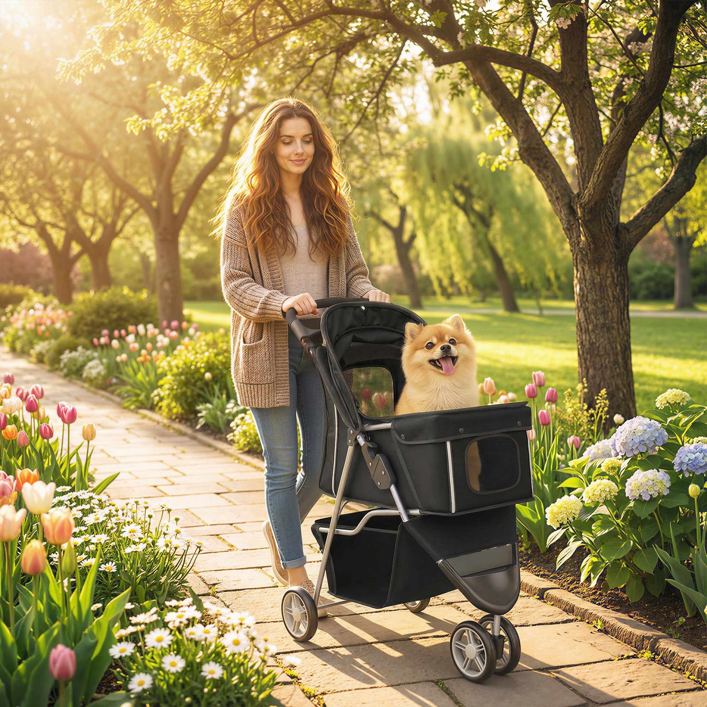 Pet Stroller with Mesh Canopy, Foldable, 10kg Capacity