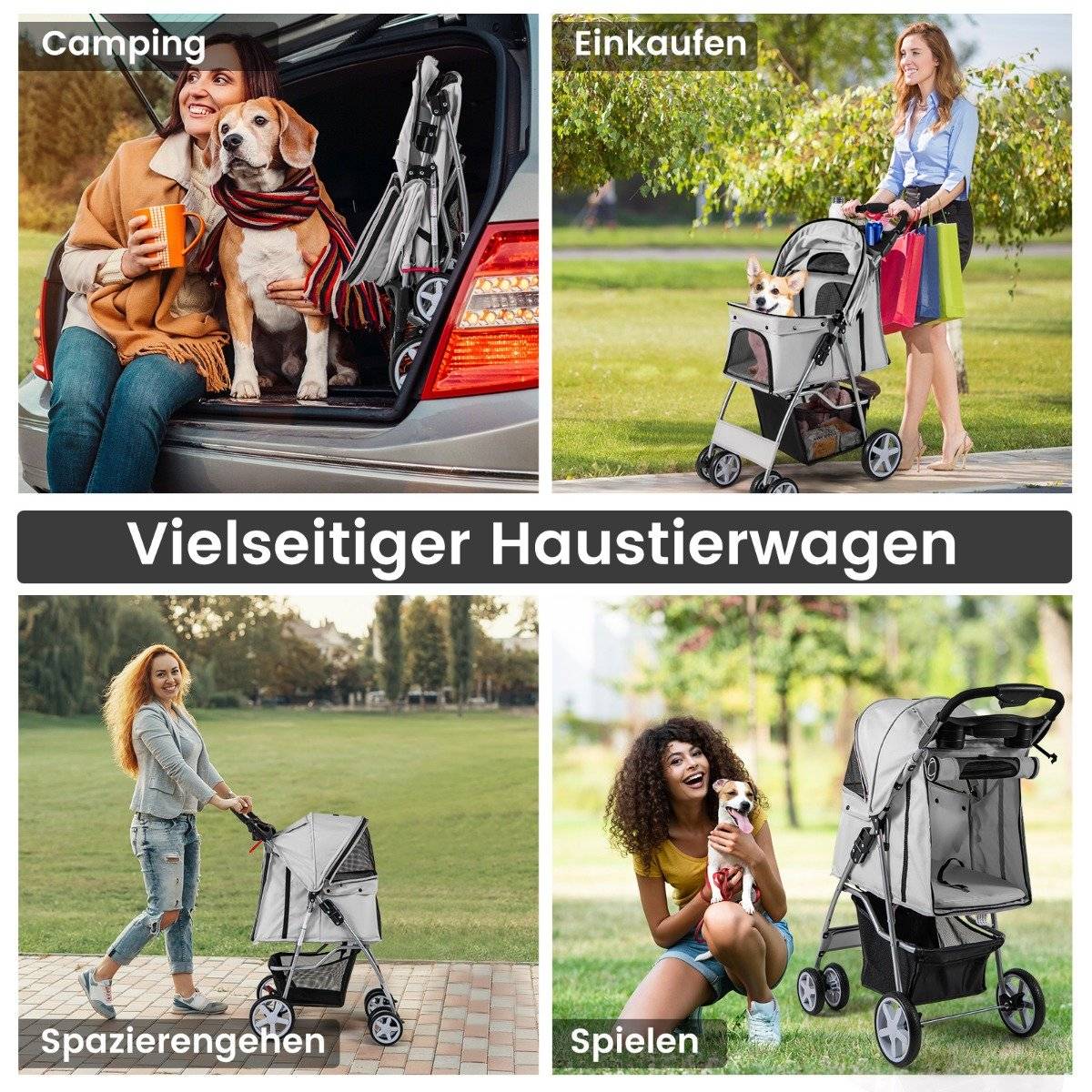 Pet Stroller with Mesh Windows & Cup Holder, Gray, 15kg Capacity