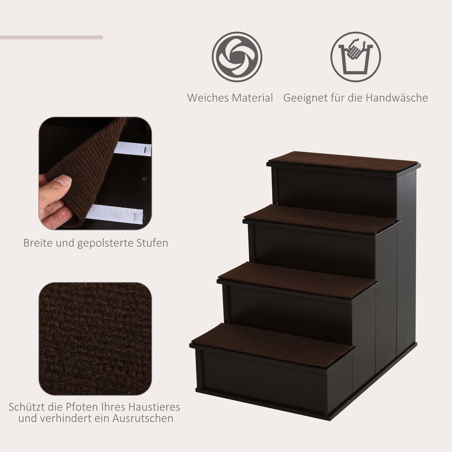 Pet stairs with carpet - MDF, dark brown, 40x59x54 cm