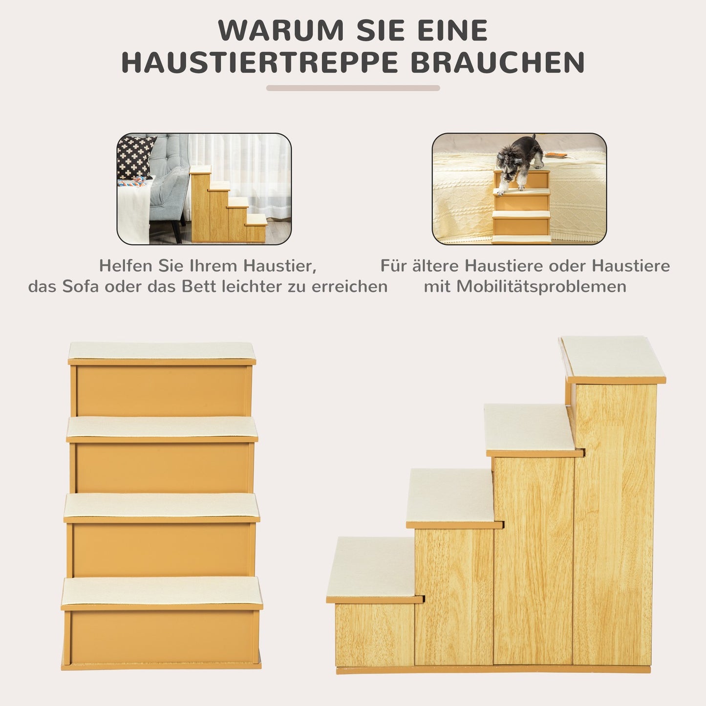 Pet Stairs for Dogs/Cats, 4 Steps, MDF, Up to 30 kg