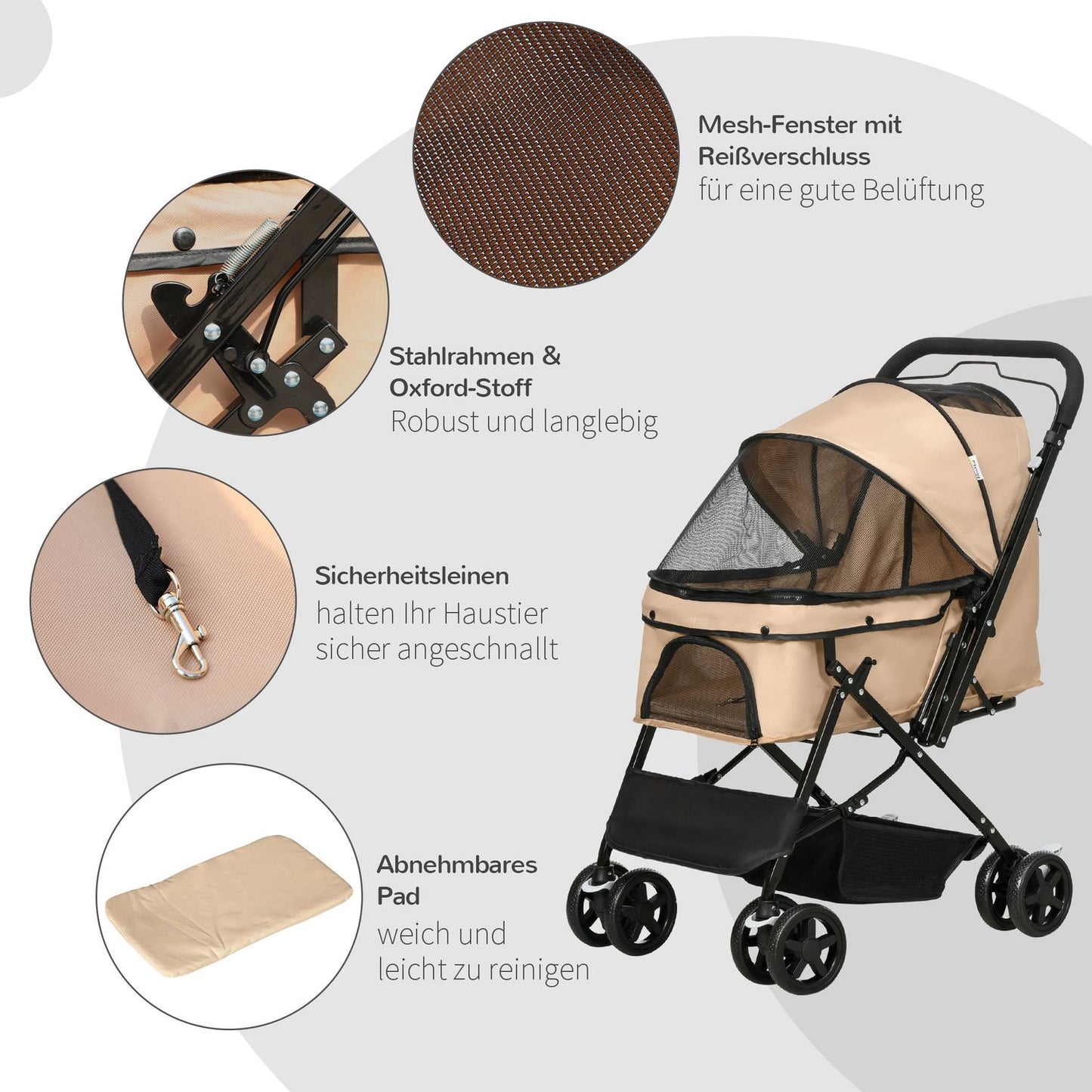 Pet stroller for small dogs and cats - Light brown, 76.5 cm
