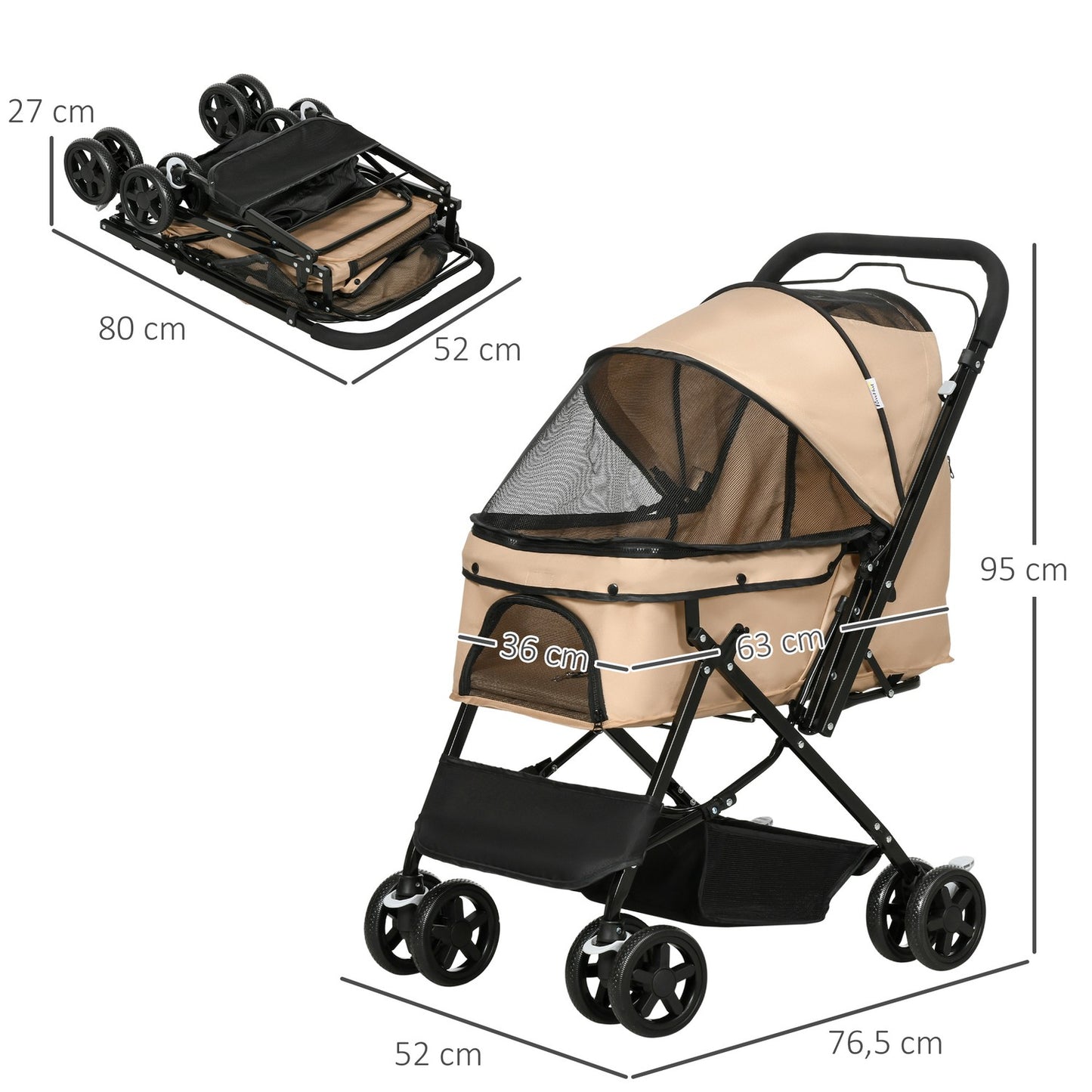 Pet stroller for small dogs and cats - Light brown, 76.5 cm