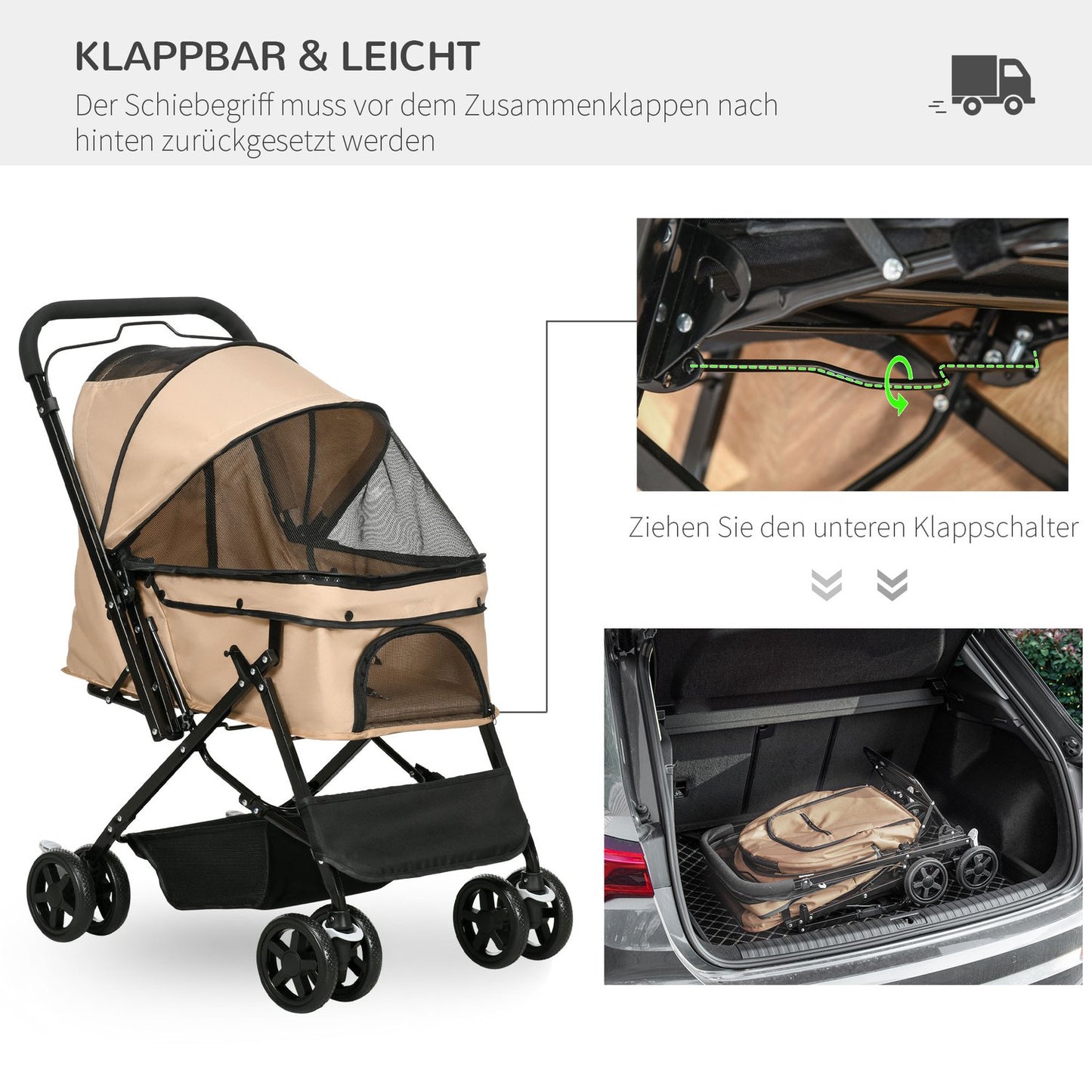 Pet stroller for small dogs and cats - Light brown, 76.5 cm