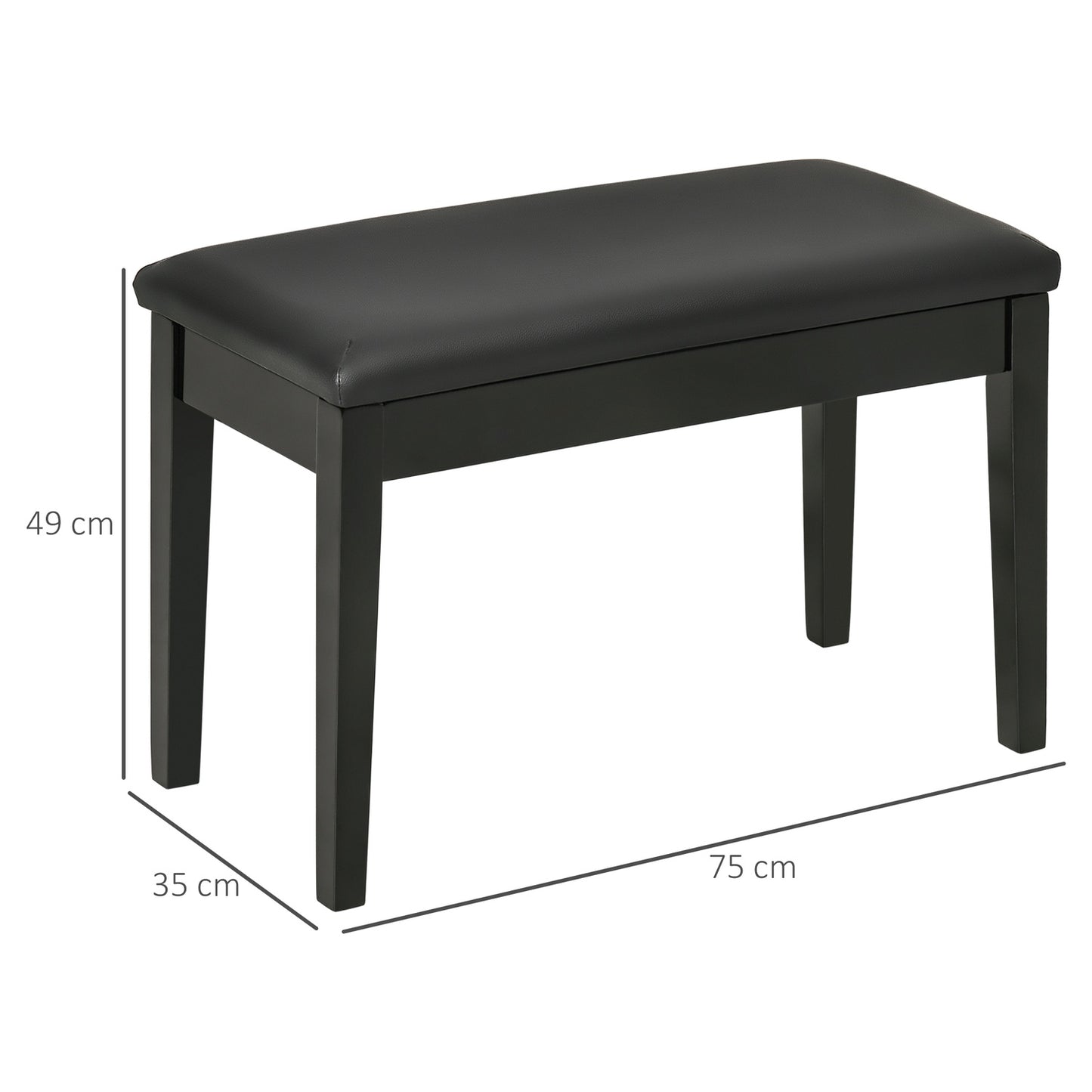 Height-adjustable black piano bench with storage, 75x35x49 cm