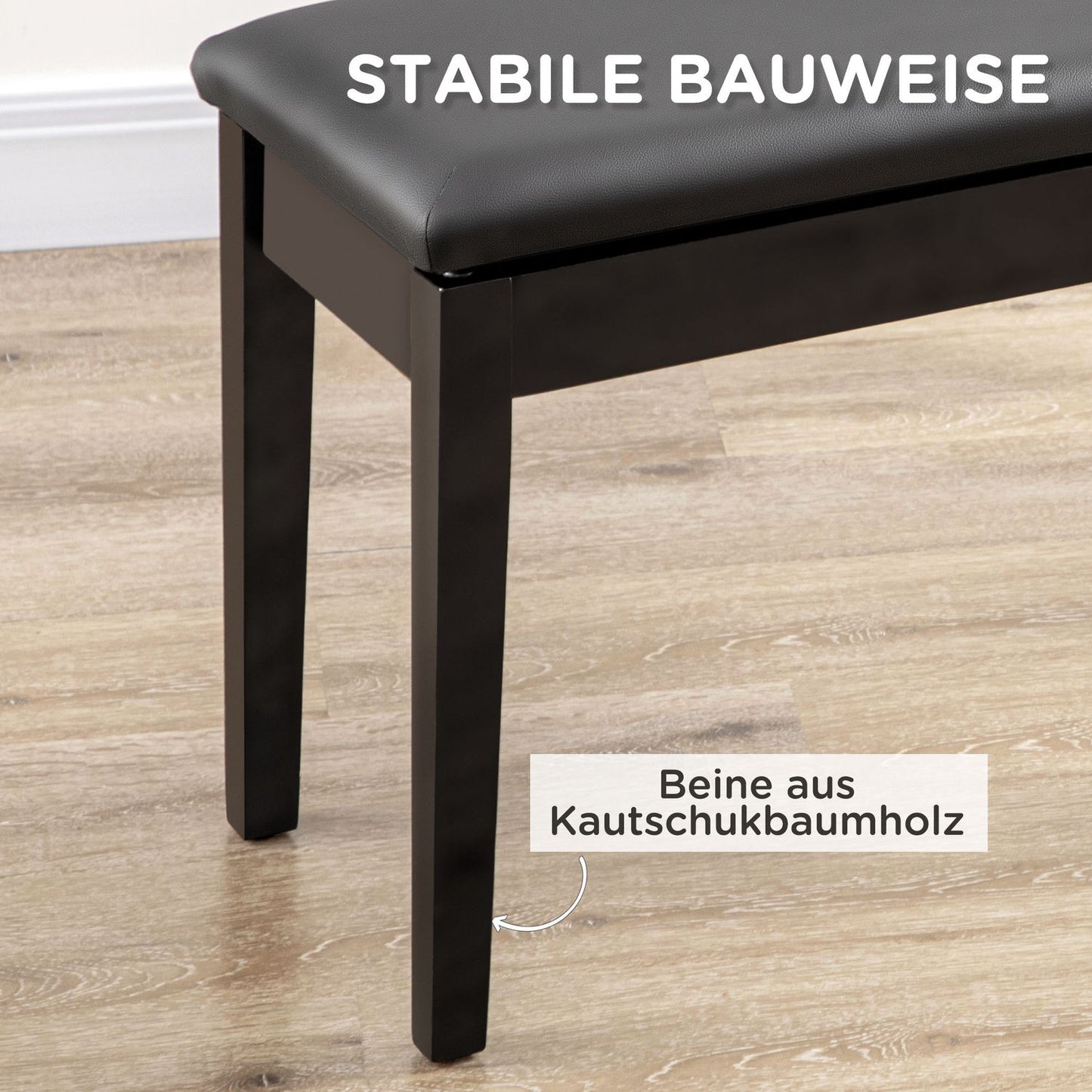 Height-adjustable black piano bench with storage, 75x35x49 cm