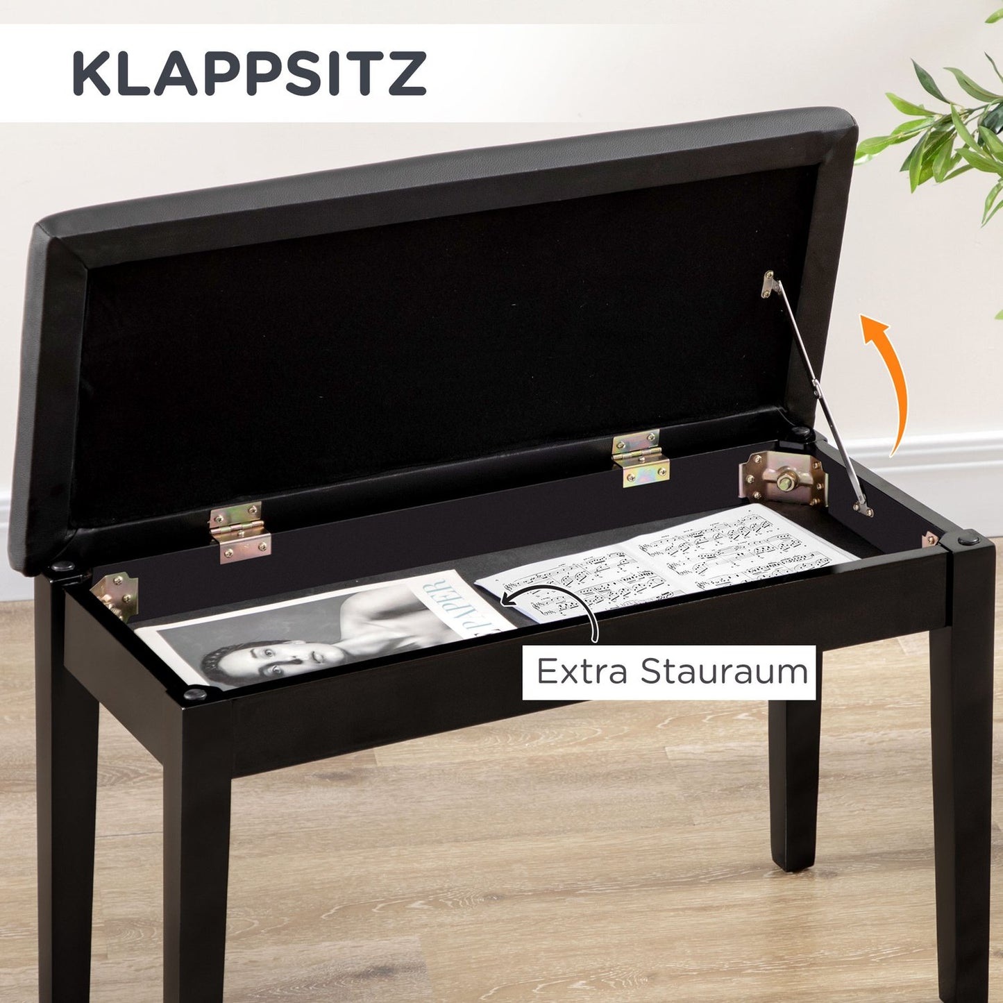 Height-adjustable black piano bench with storage, 75x35x49 cm