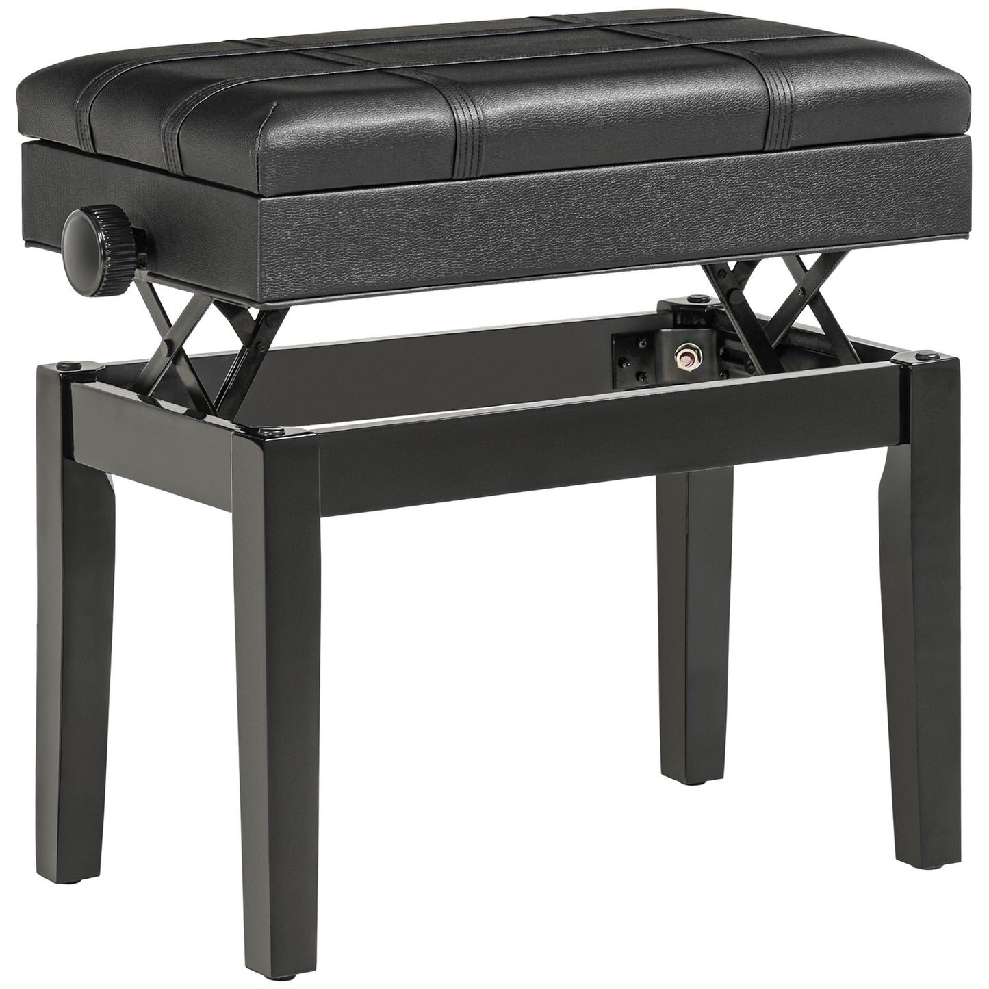 Height-adjustable piano bench in black leather with storage