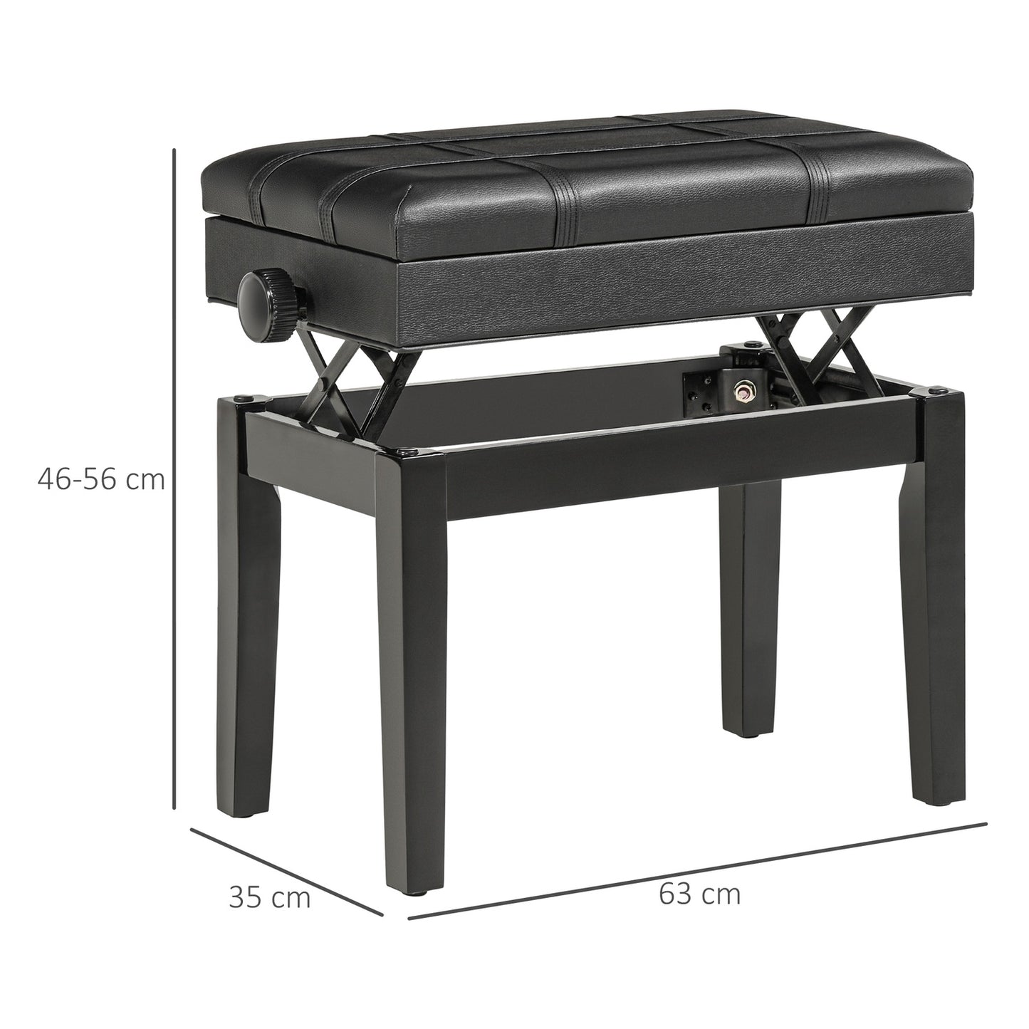 Height-adjustable piano bench in black leather with storage