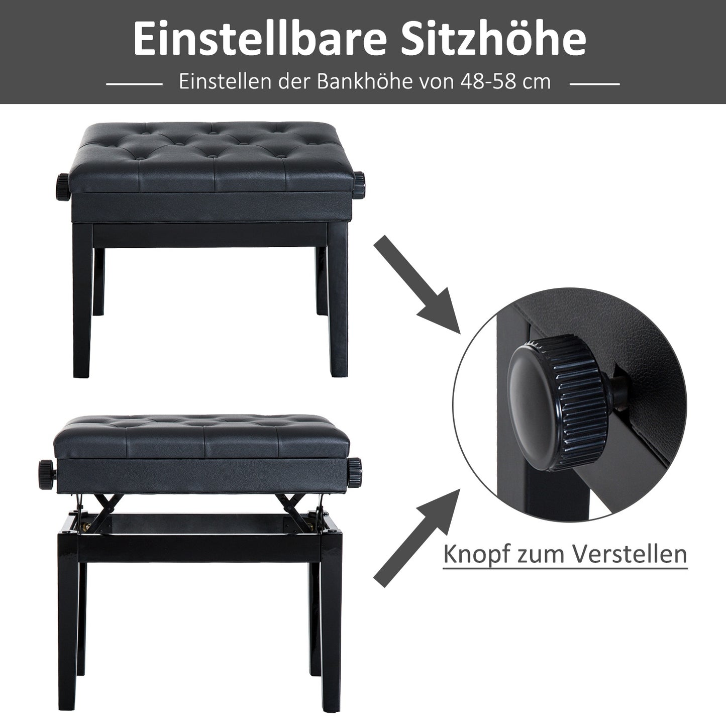 Adjustable piano bench with storage space, 54.5x33x48-58 cm