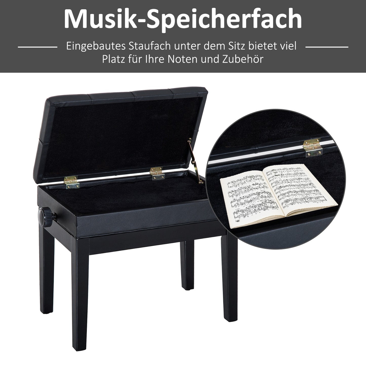 Adjustable piano bench with storage space, 54.5x33x48-58 cm
