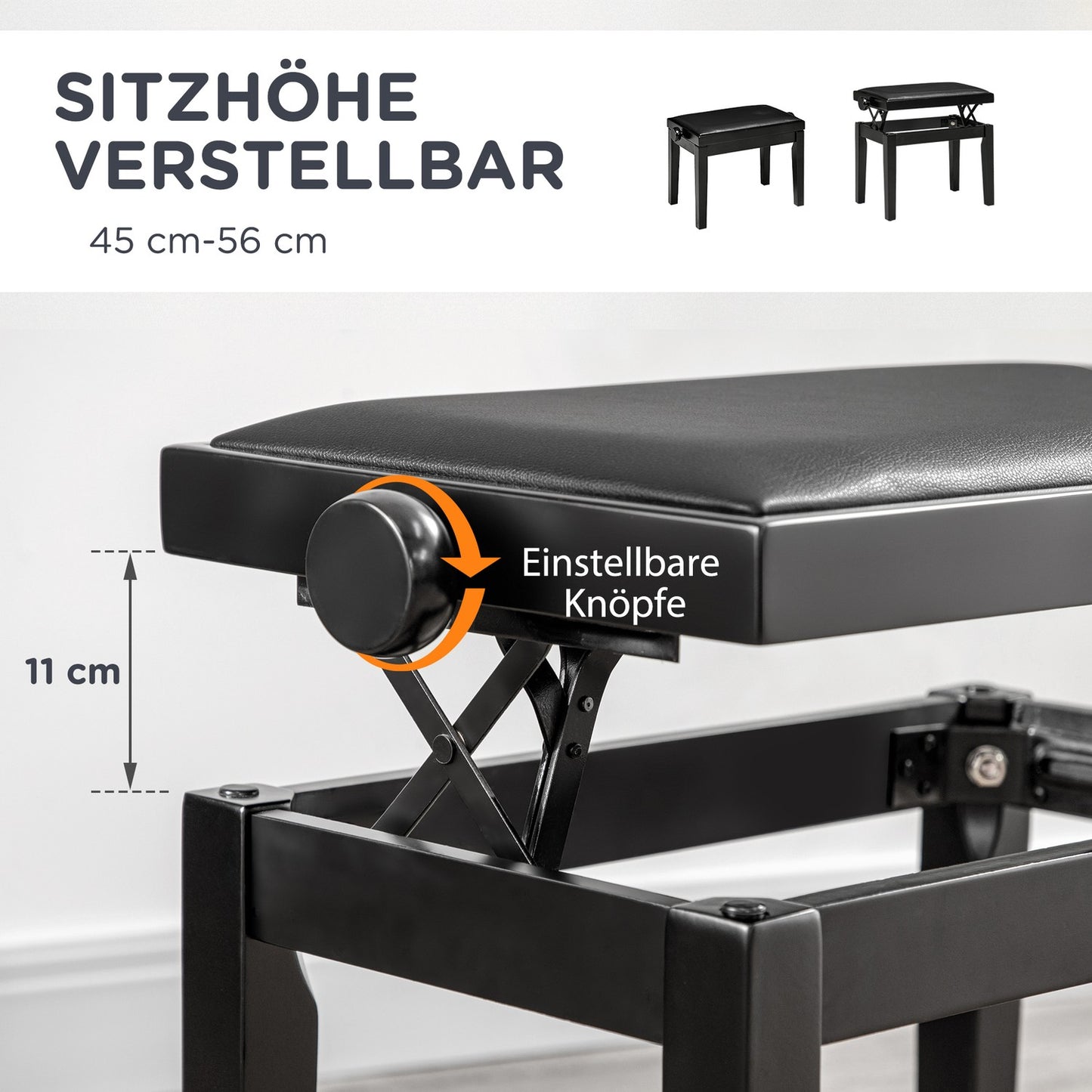 Height-adjustable piano bench with leather cushion, black