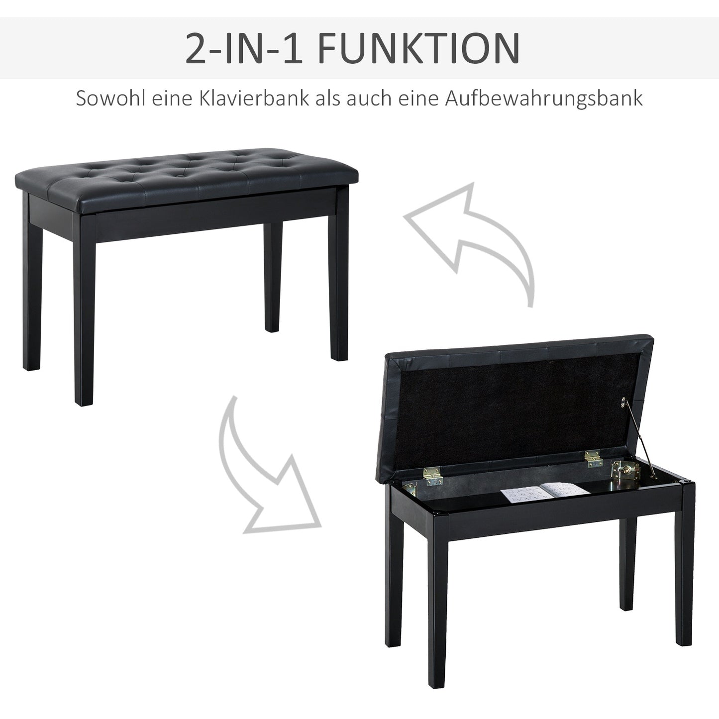Black Piano bench in artificial leather with storage, 76x36x50 cm