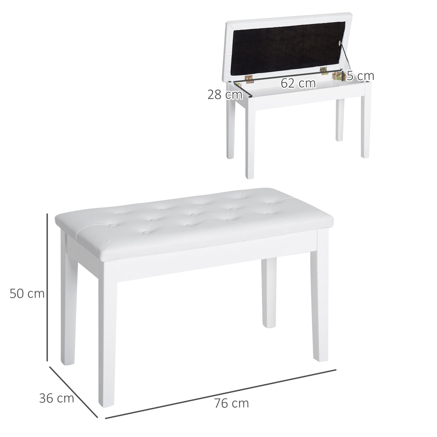 Piano stool in white artificial leather with storage, rubber wood