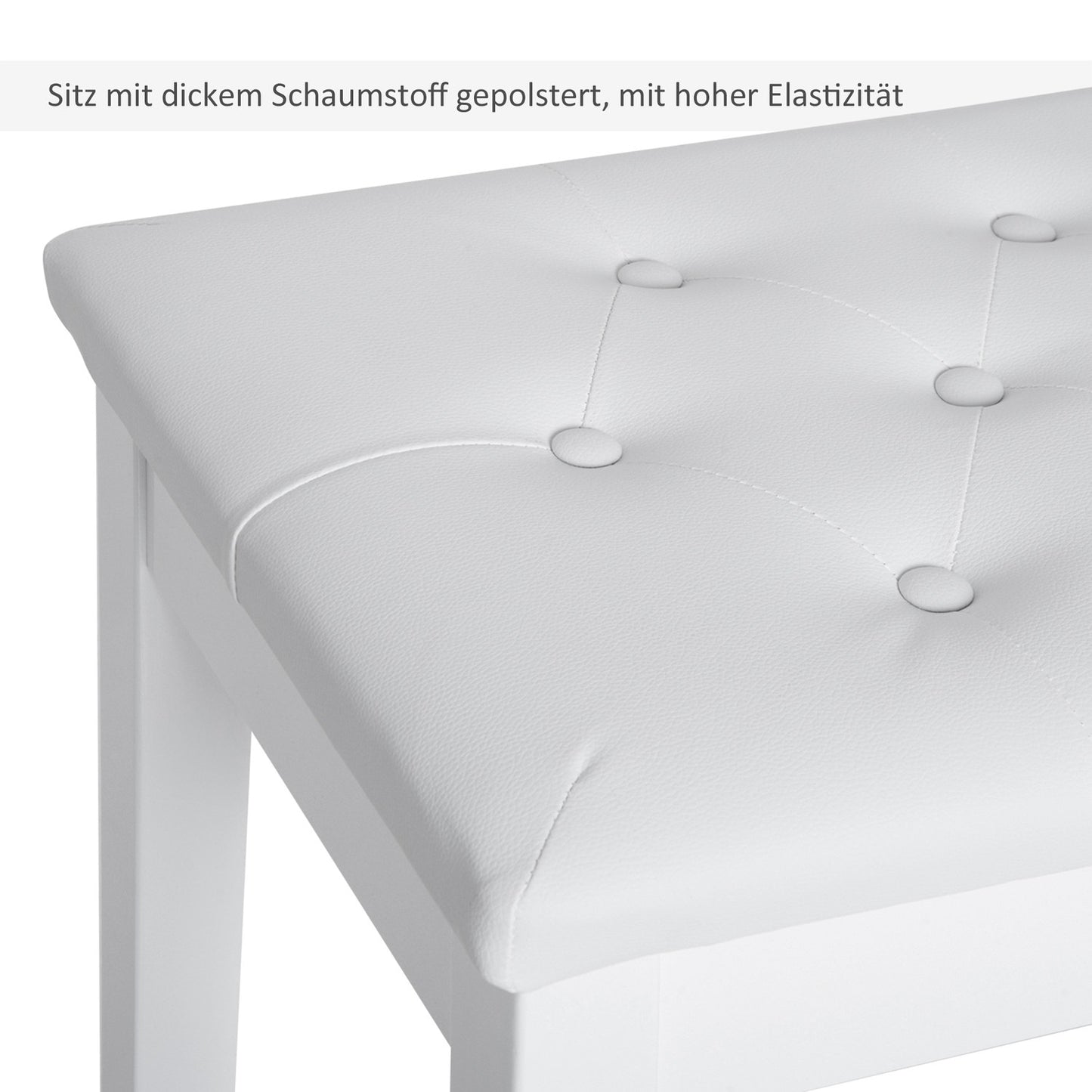 Piano stool in white artificial leather with storage, rubber wood