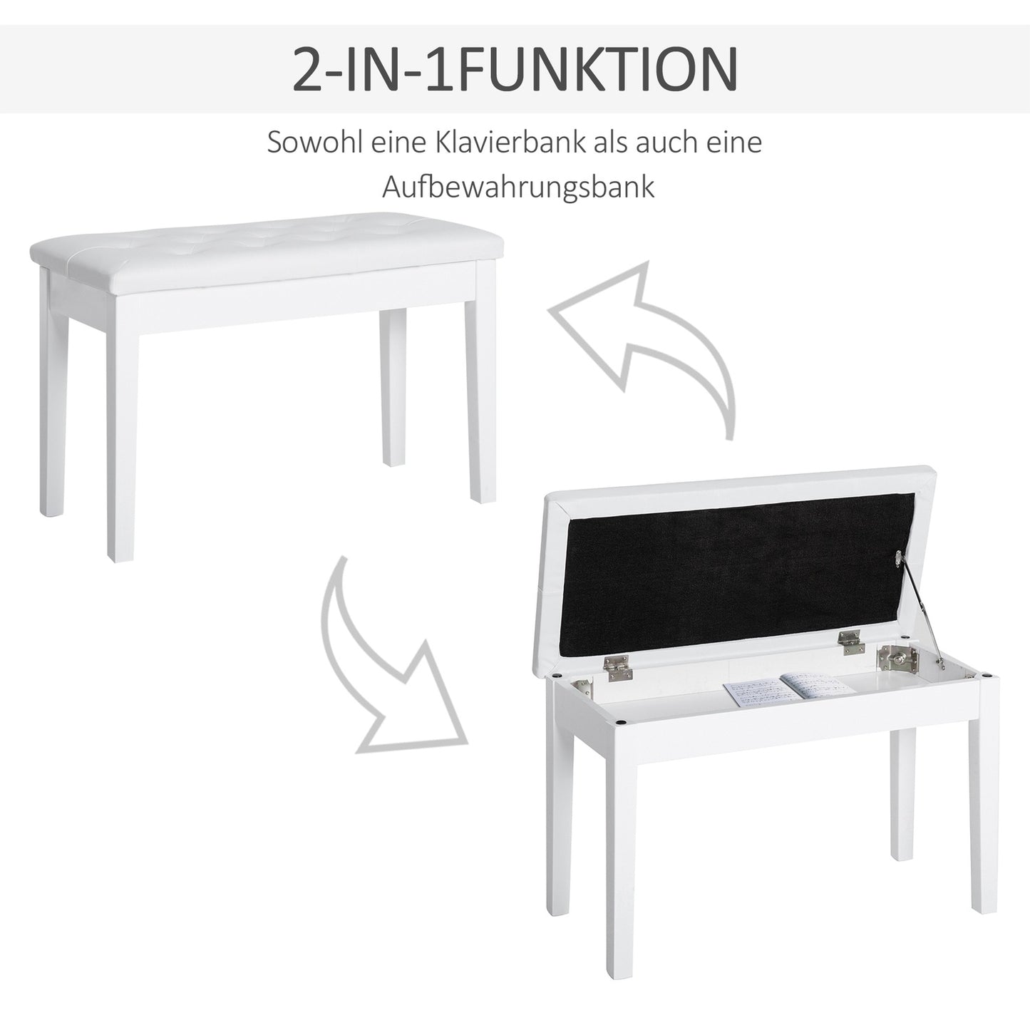 Piano stool in white artificial leather with storage, rubber wood