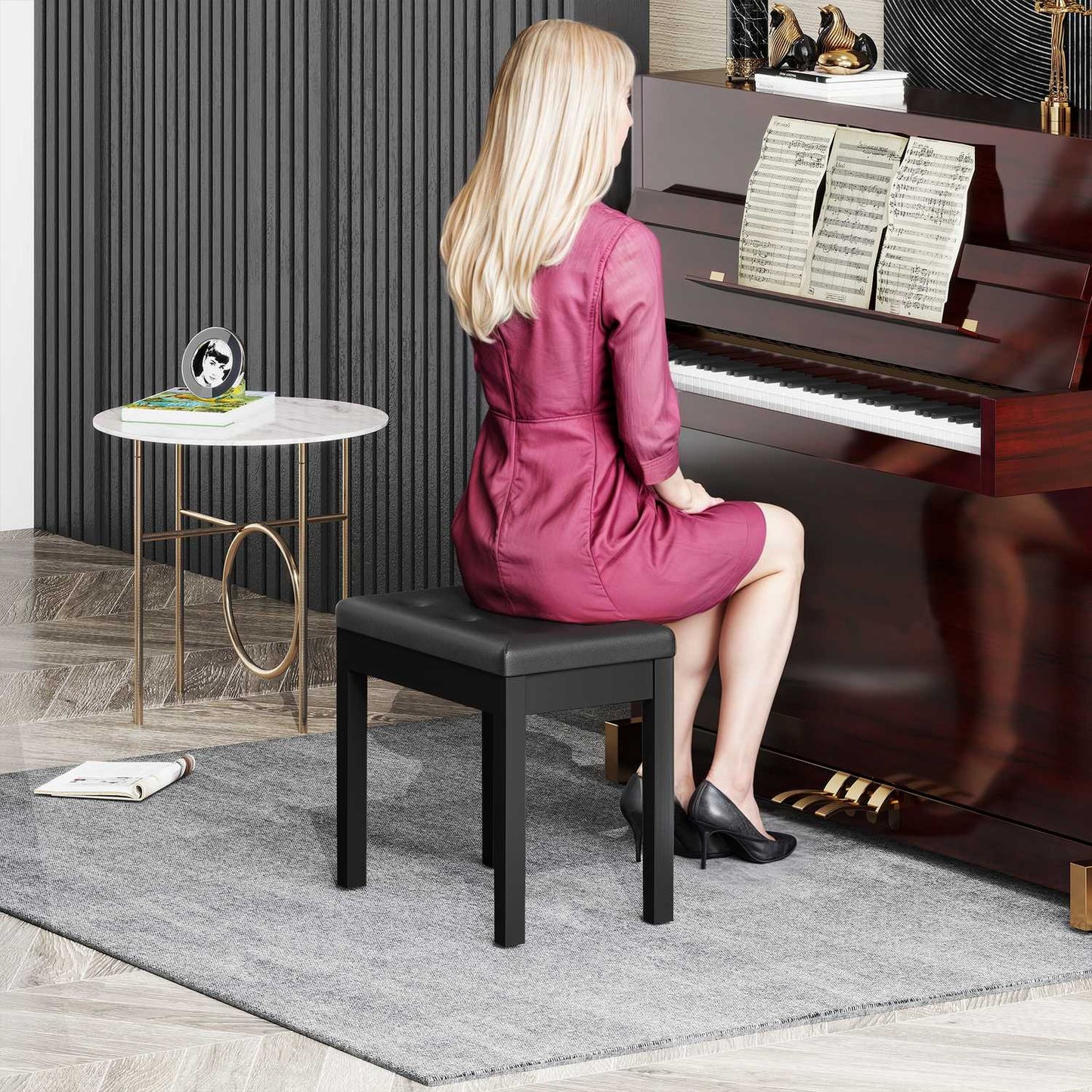 Piano bench, faux leather cover, quilted buttons, storage space, wooden legs, black
