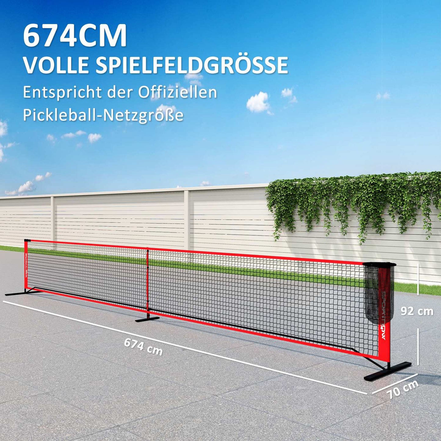 Portable 6.7m pickleball net set with court markers