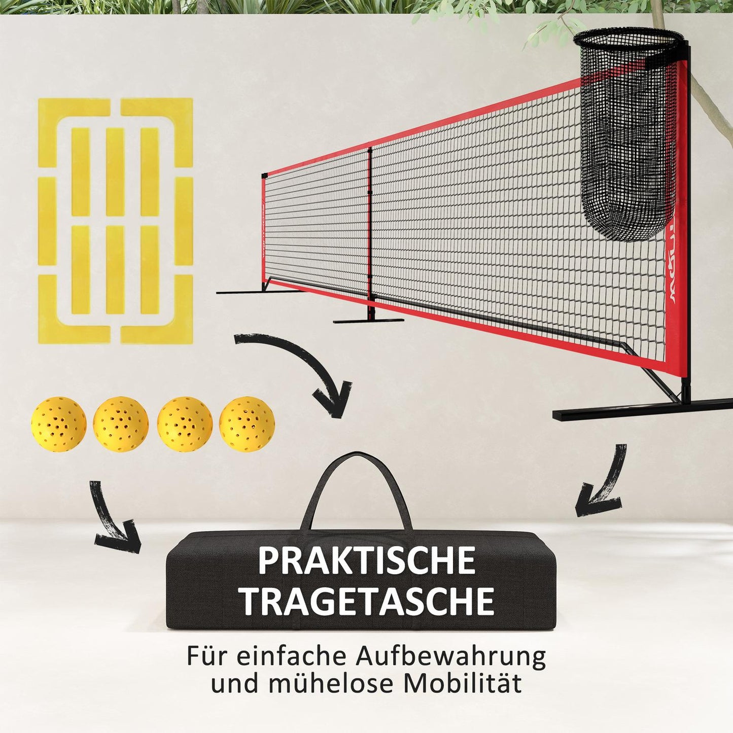 Portable 6.7m pickleball net set with court markers