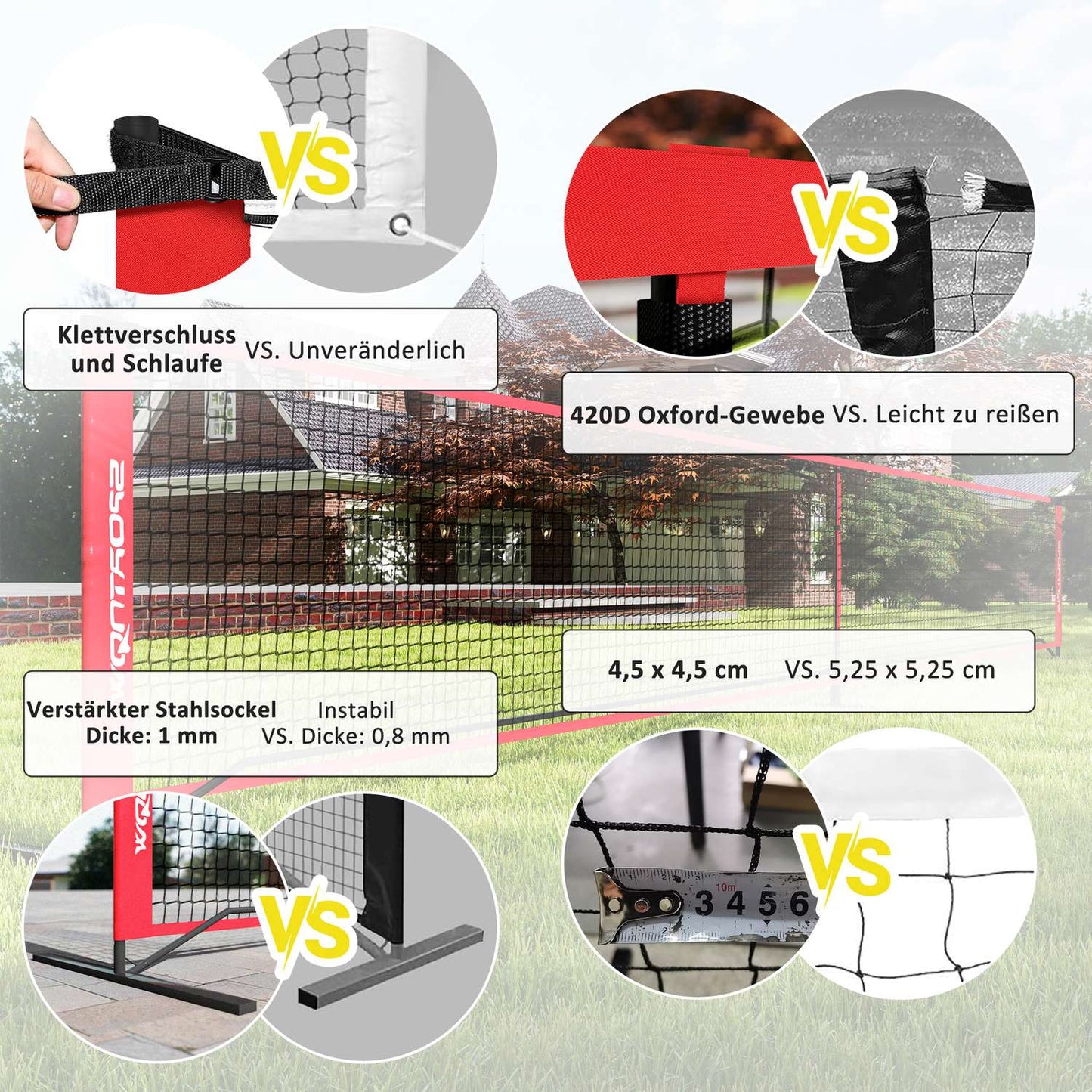 Portable 6.7m pickleball net set with court markers