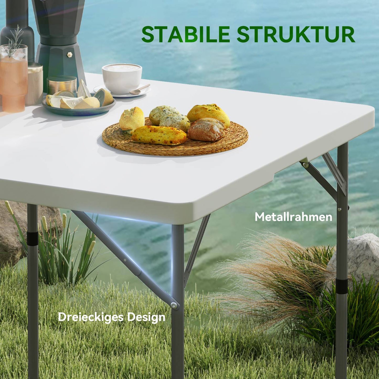 Adjustable folding picnic table, plastic & metal, white