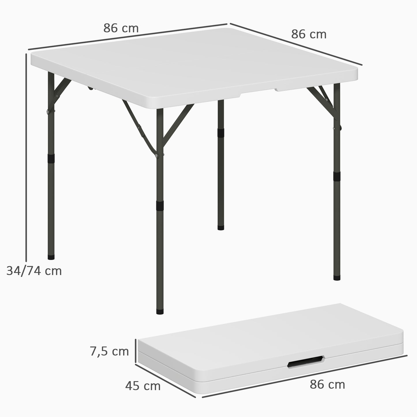 Adjustable folding picnic table, plastic & metal, white