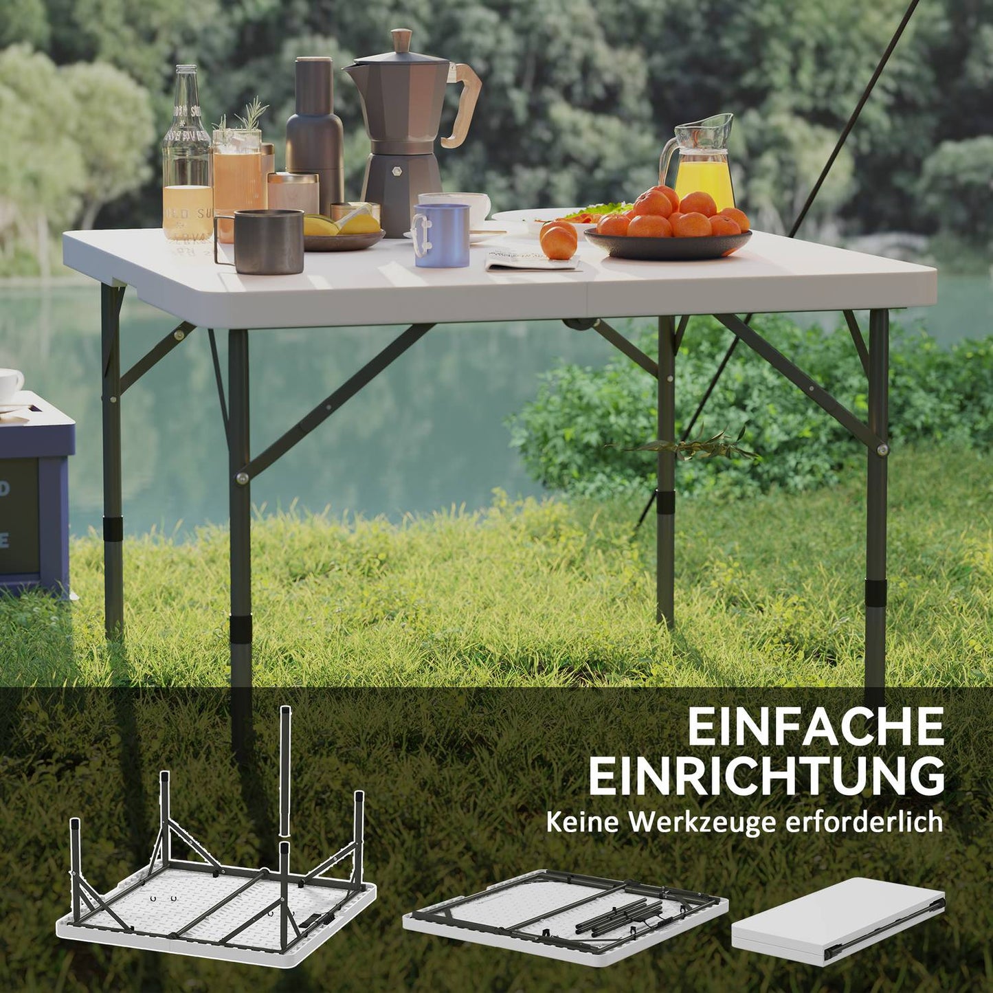 Adjustable folding picnic table, plastic & metal, white