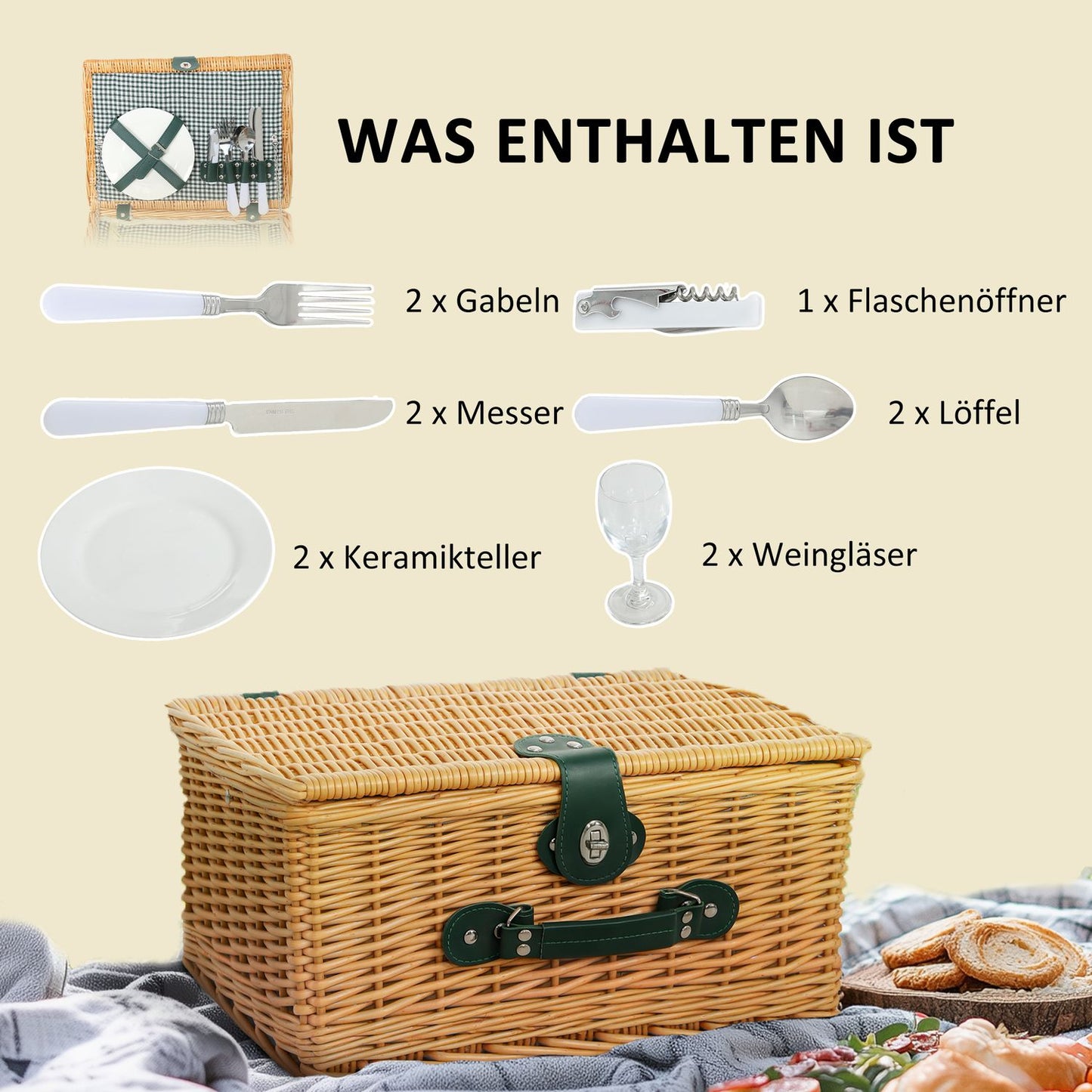 Arrow basket for 2 with cooler and cutlery