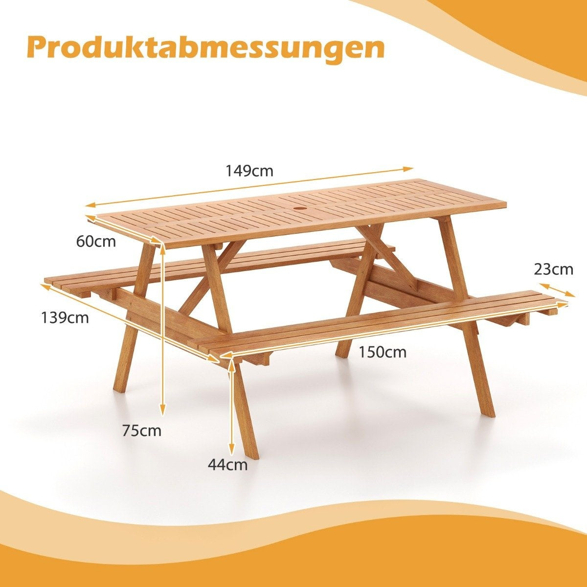 Picnic table for 6 people, rectangular garden table with 2 integrated benches and umbrella hole 150 x 139 x 75 cm natural