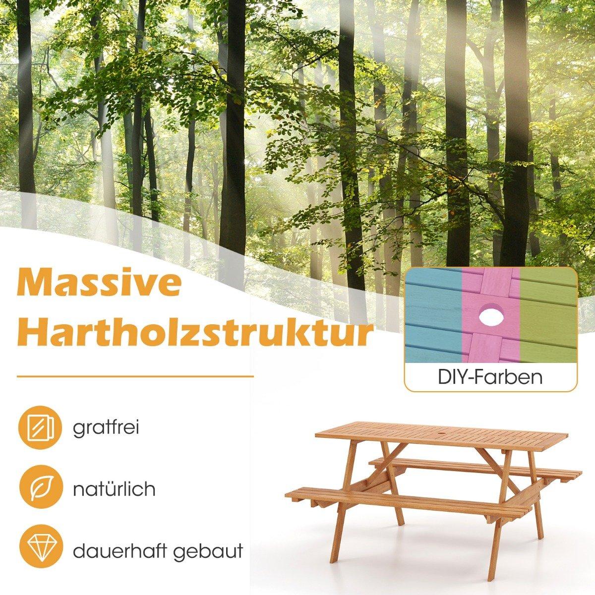 Picnic table for 6 people, rectangular garden table with 2 integrated benches and umbrella hole 150 x 139 x 75 cm natural