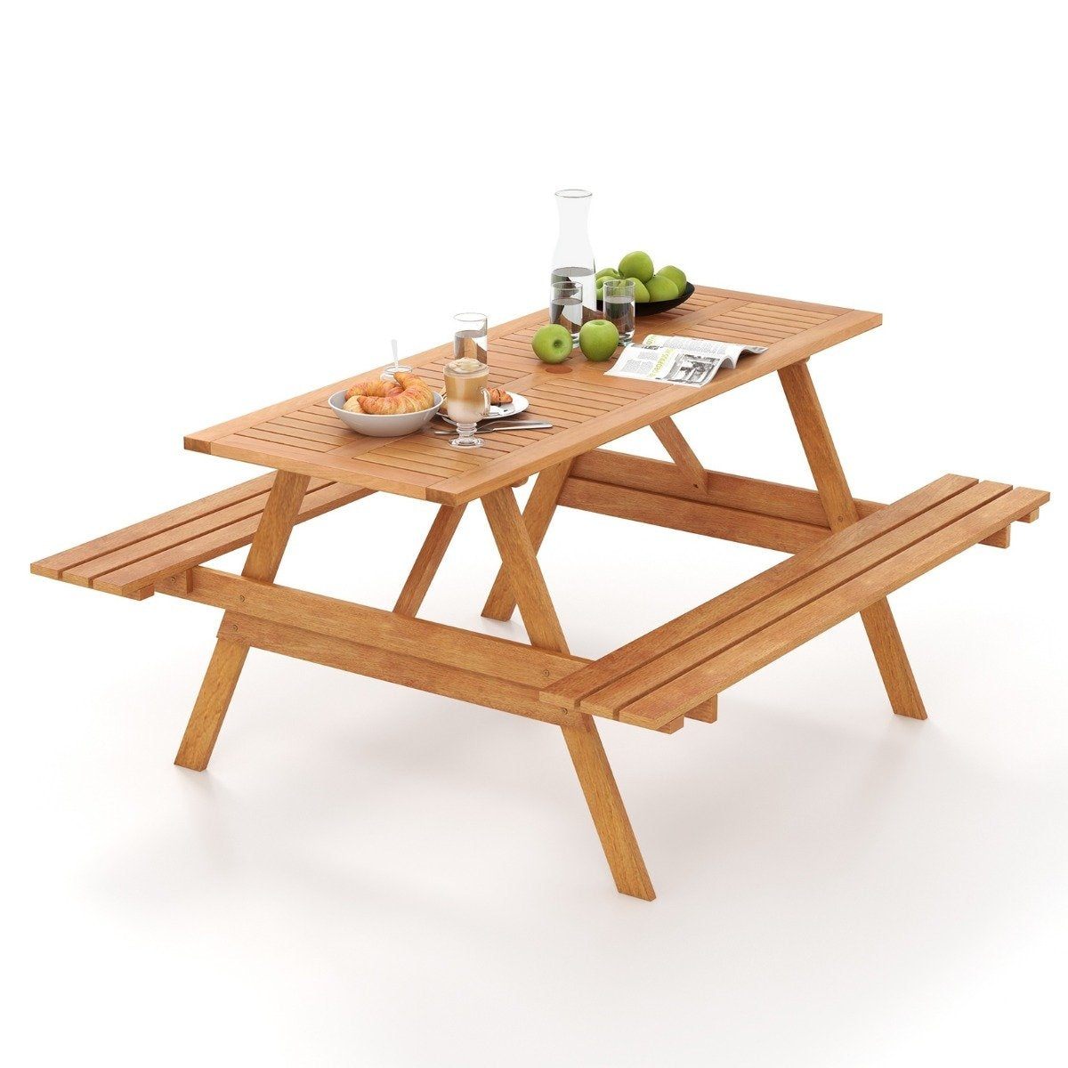 Picnic table for 6 people, rectangular garden table with 2 integrated benches and umbrella hole 150 x 139 x 75 cm natural