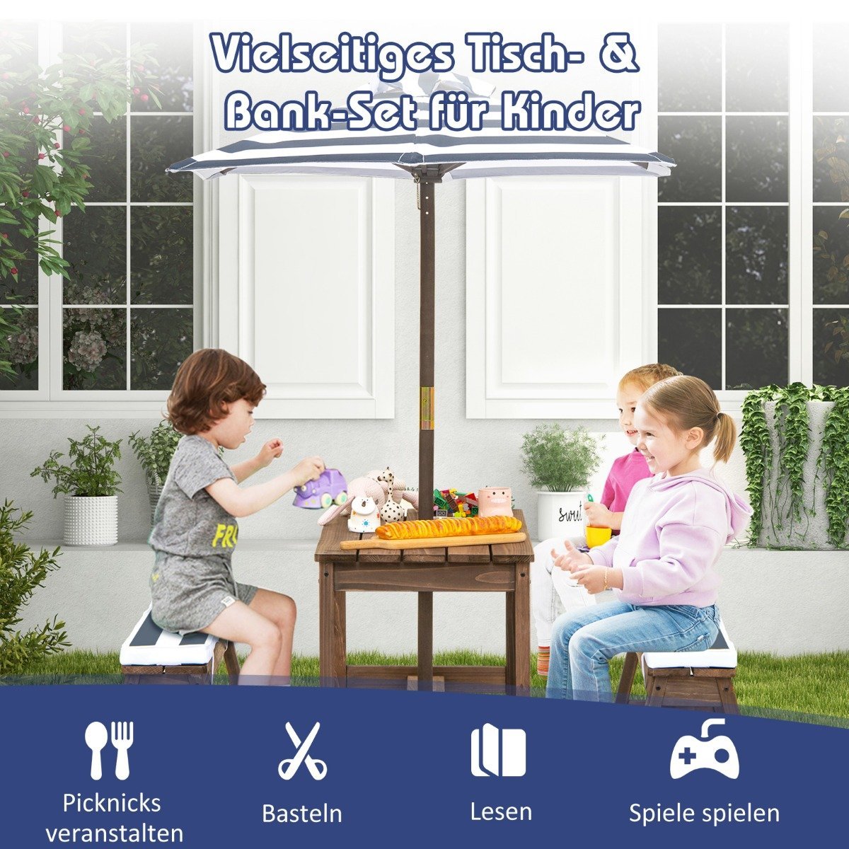 Picnic table with parasol & benches table and bench set blue