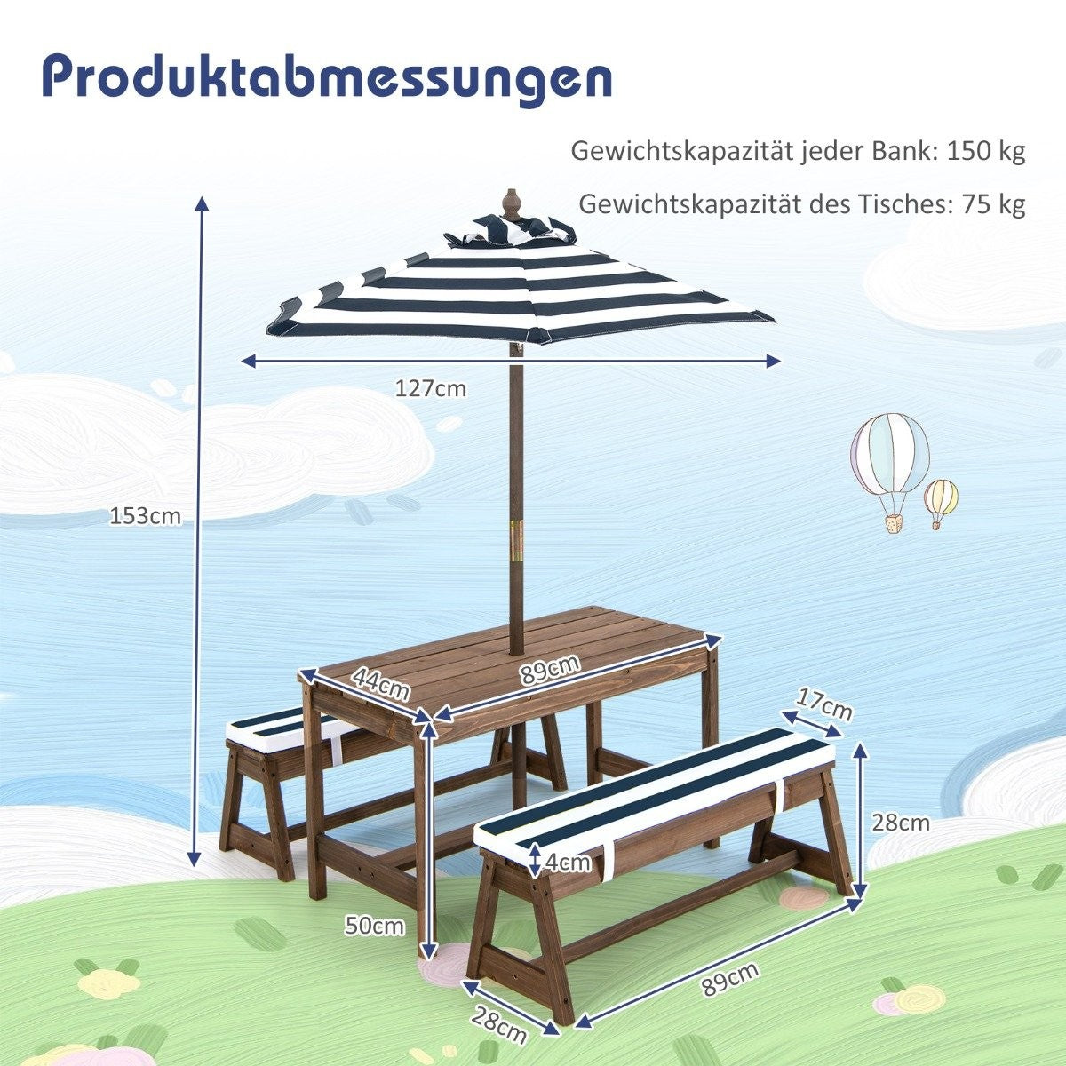 Picnic table with parasol & benches table and bench set blue