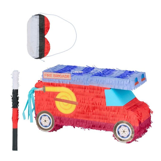 Pinata fire engine with stick and mask