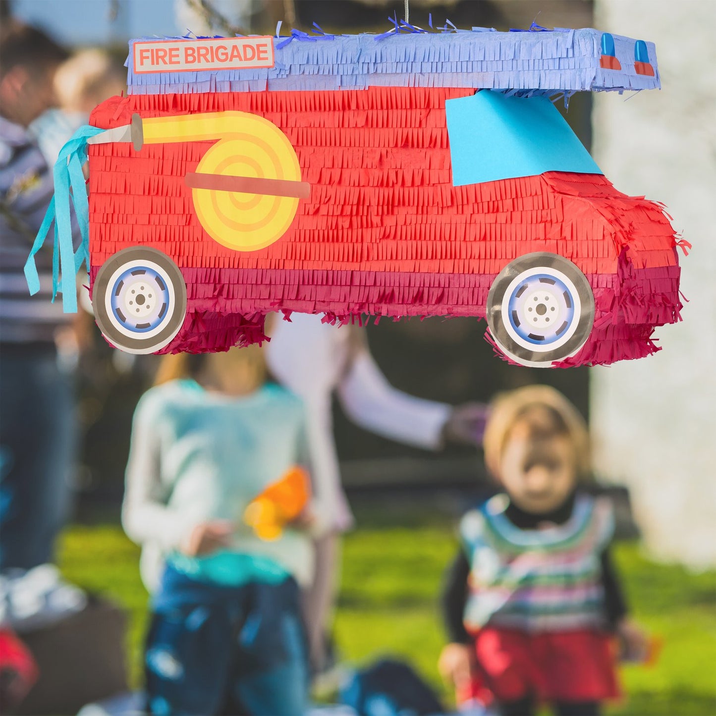 Pinata fire engine with stick and mask