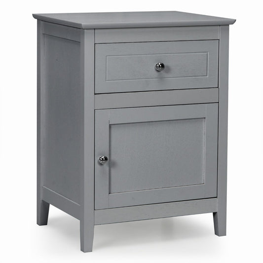 Pine Wood Bedside Table with Drawer and Door 2 Tier Accent Table Side Table Light Gray