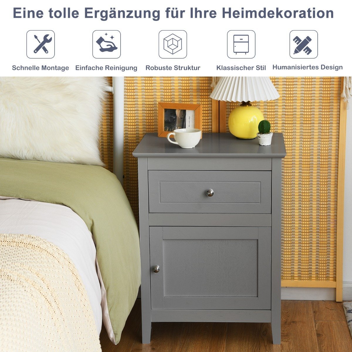Pine Wood Bedside Table with Drawer and Door 2 Tier Accent Table Side Table Light Gray