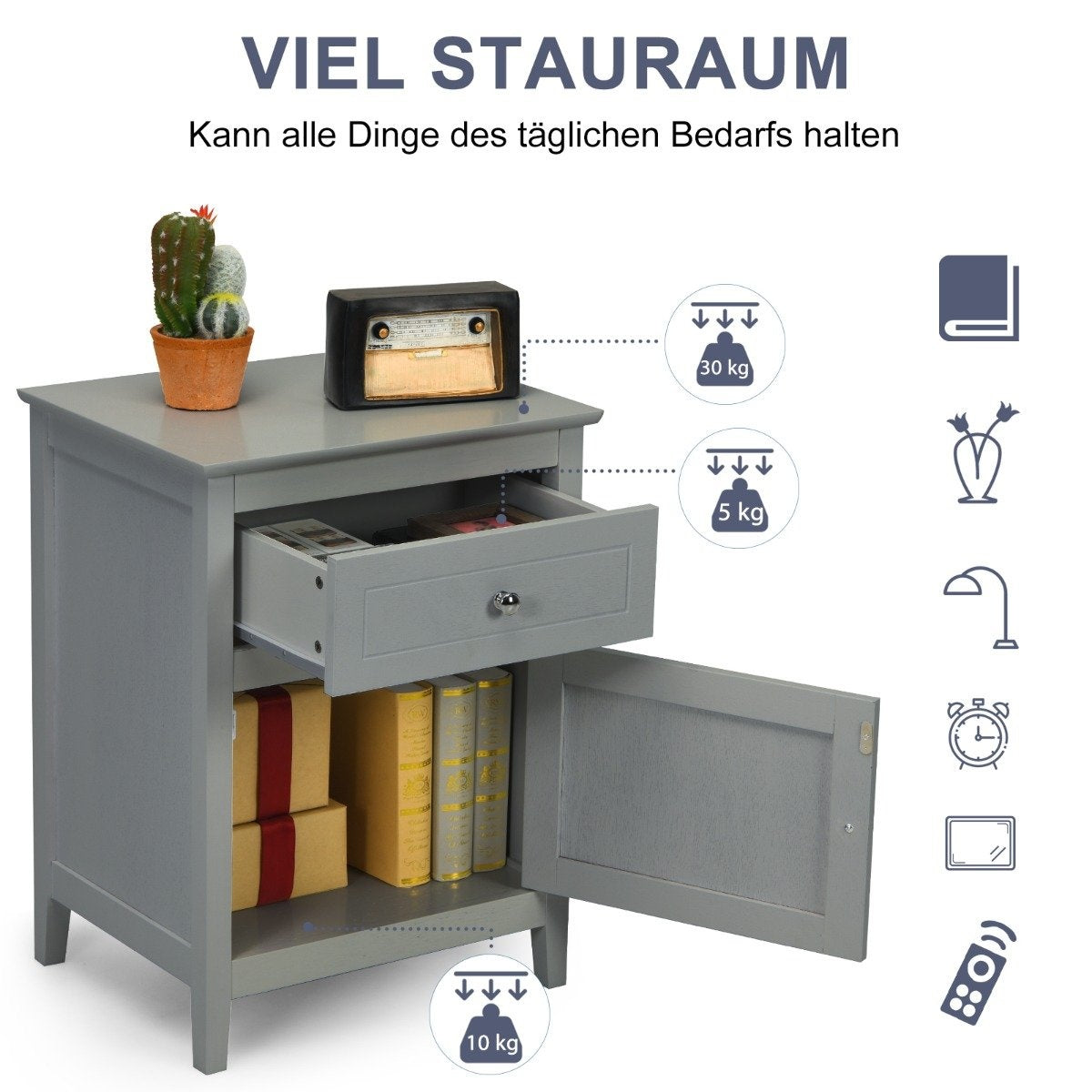 Pine Wood Bedside Table with Drawer and Door 2 Tier Accent Table Side Table Light Gray