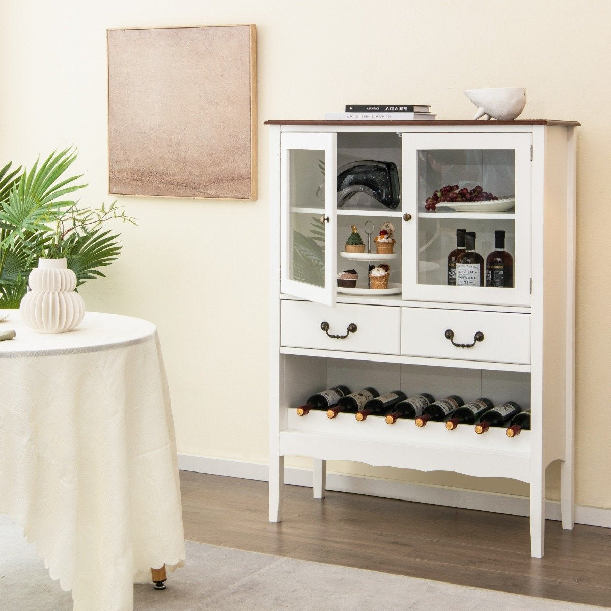 Pine wine cabinet with 2 doors & 2 drawers & open wine rack anti-tip