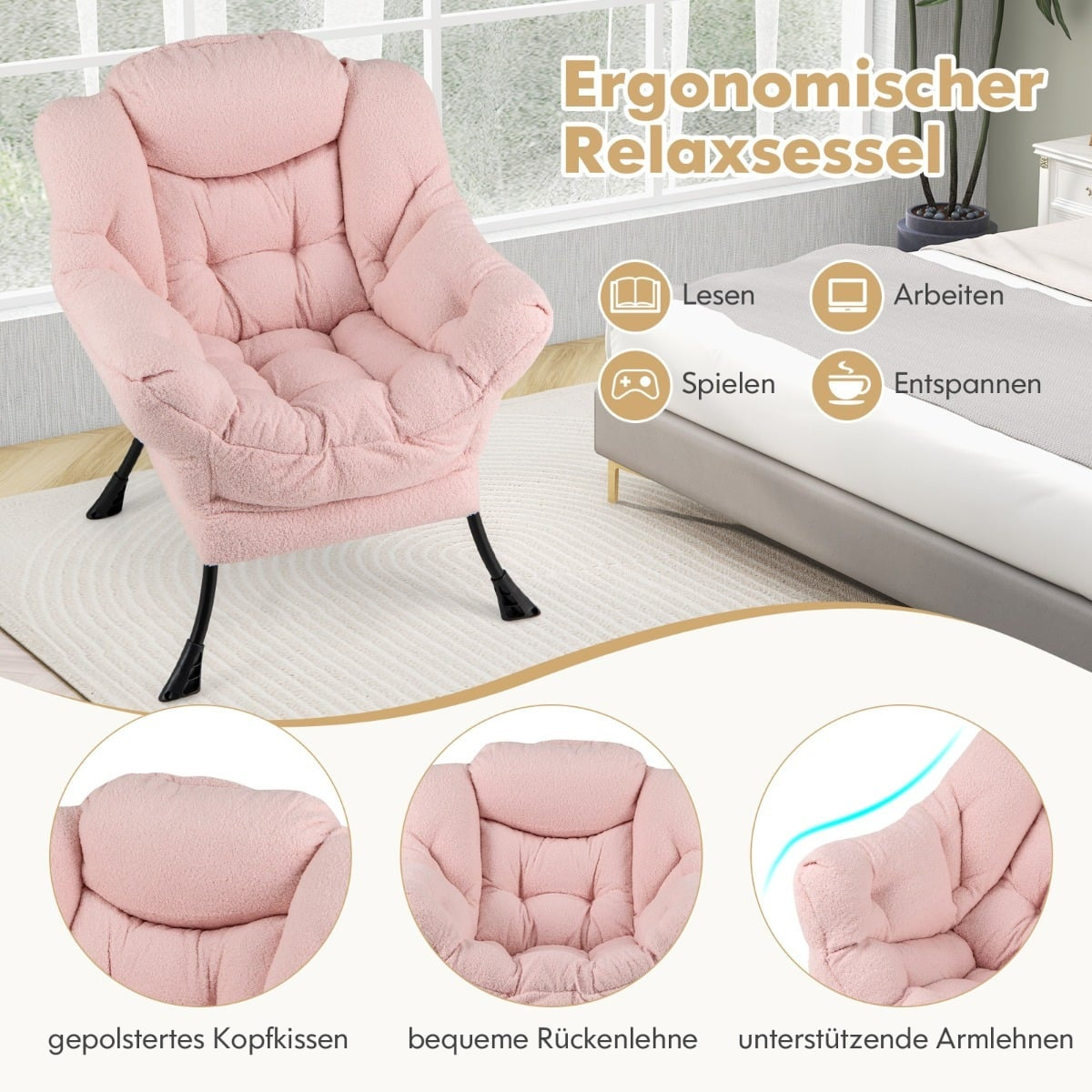 Pink Recliner Chair with Armrests, Side Pocket, Footrest