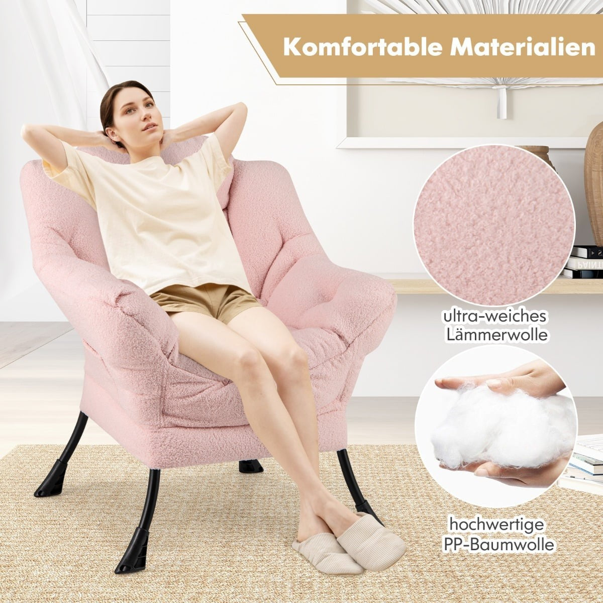 Pink Recliner Chair with Armrests, Side Pocket, Footrest