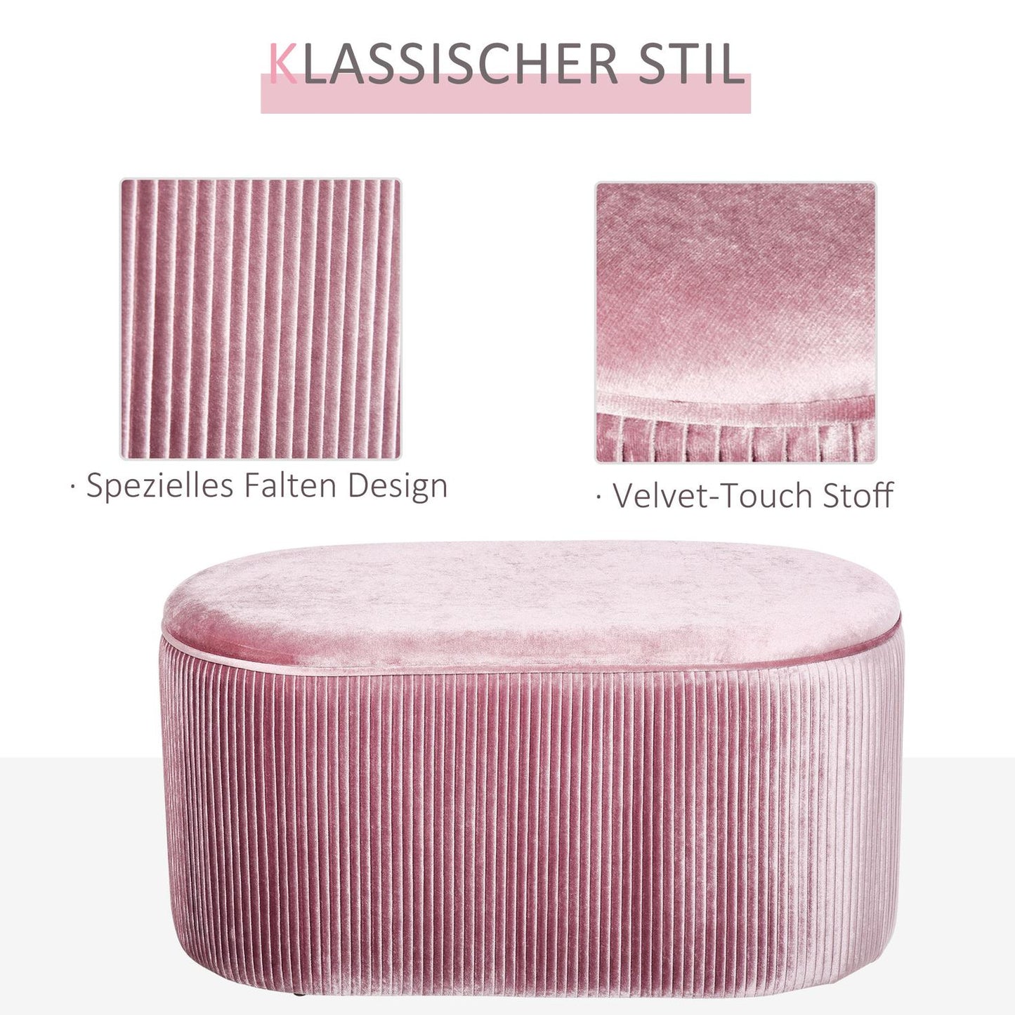 Pink velvet upholstered storage bench - French style, 81x40x41cm