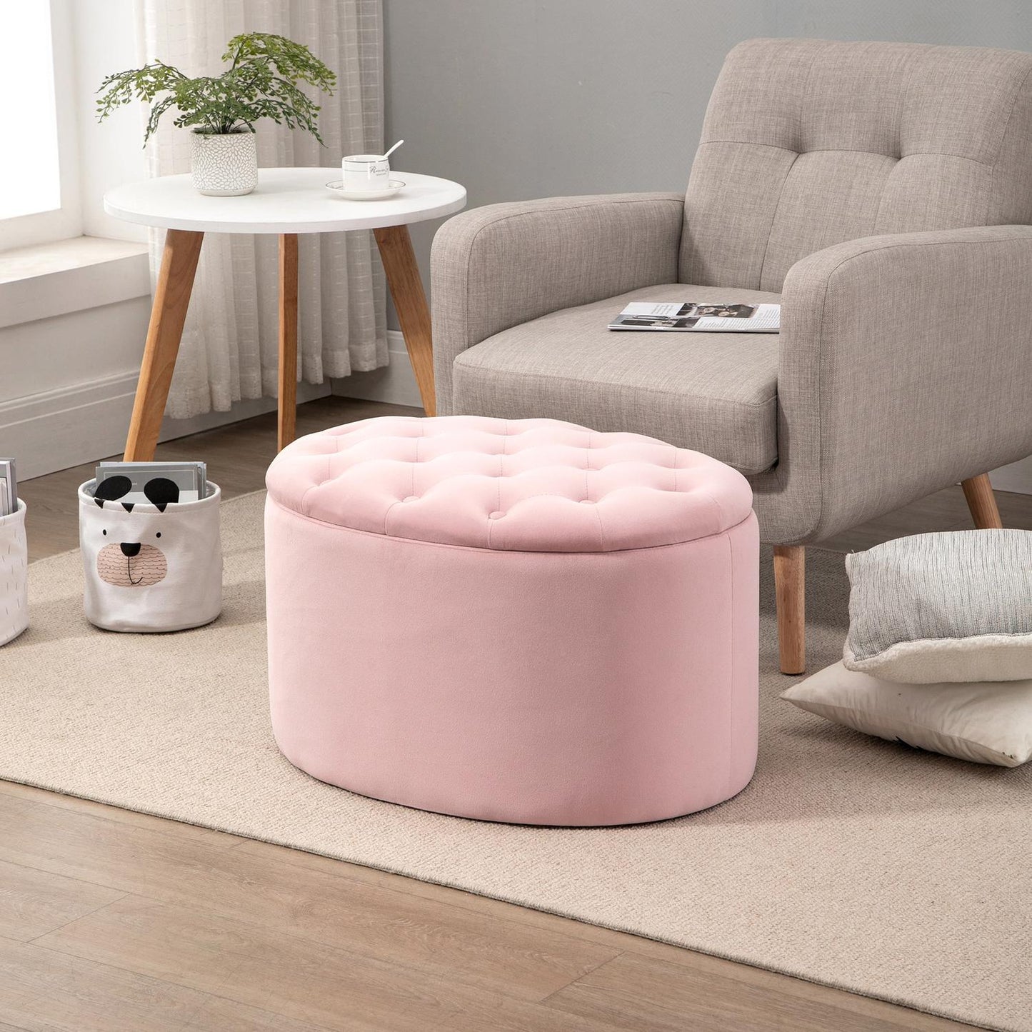 Pink oval upholstered bench with storage - velvet smooth polyester
