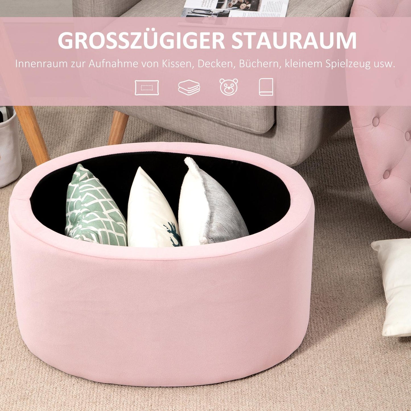 Pink oval upholstered bench with storage - velvet smooth polyester