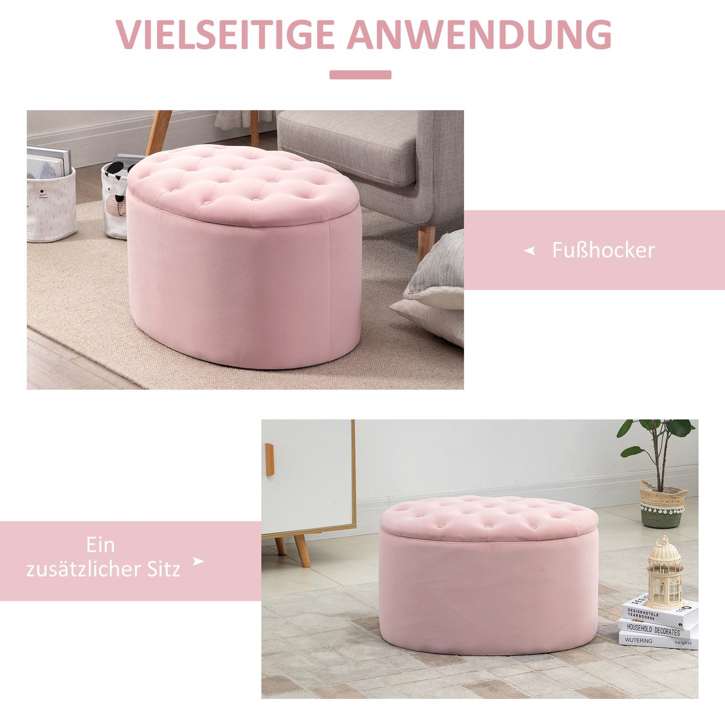 Pink oval upholstered bench with storage - velvet smooth polyester