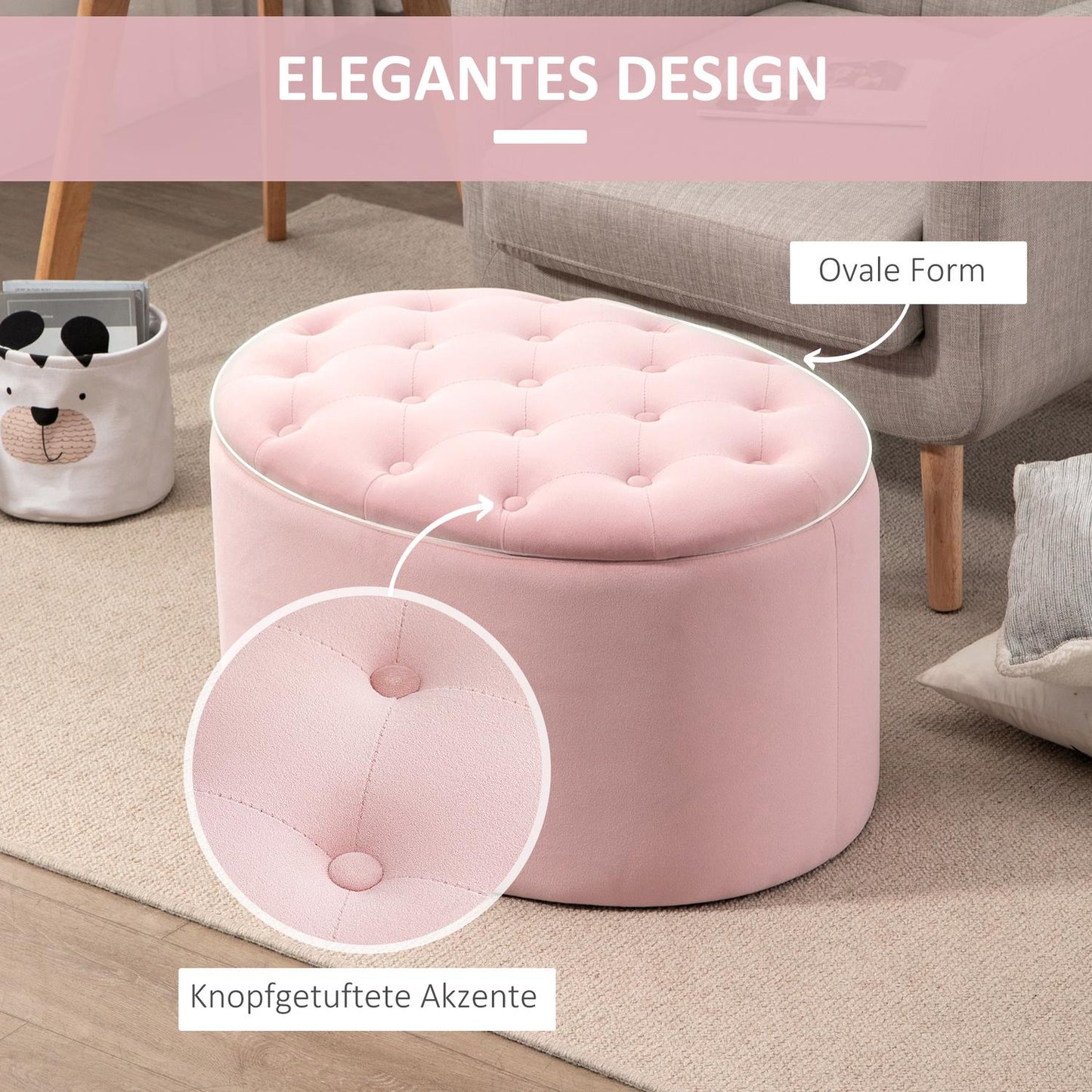 Pink oval upholstered bench with storage - velvet smooth polyester