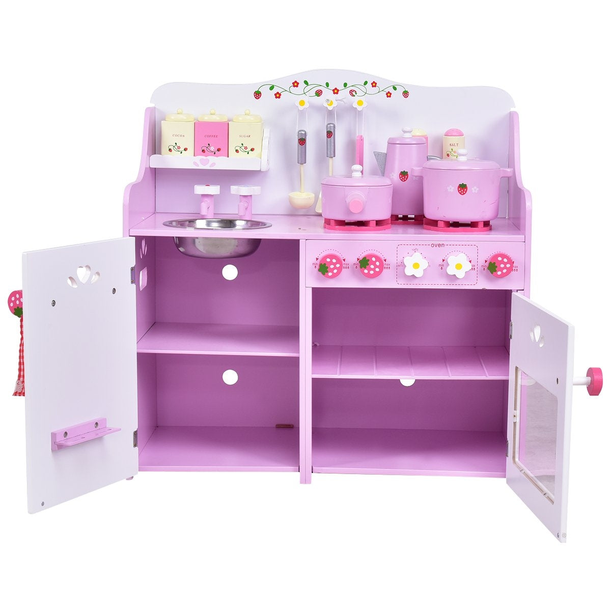 Pink and white wooden children's play kitchen toy kitchen