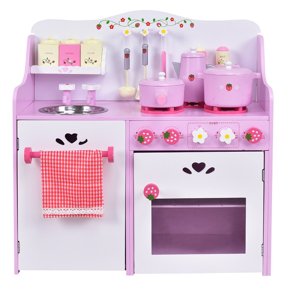Pink and white wooden children's play kitchen toy kitchen