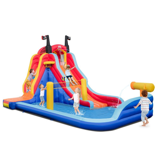 Pirate-themed 5 in 1 inflatable water park with slide, paddling pool, basketball hoop & climbing wall without blower