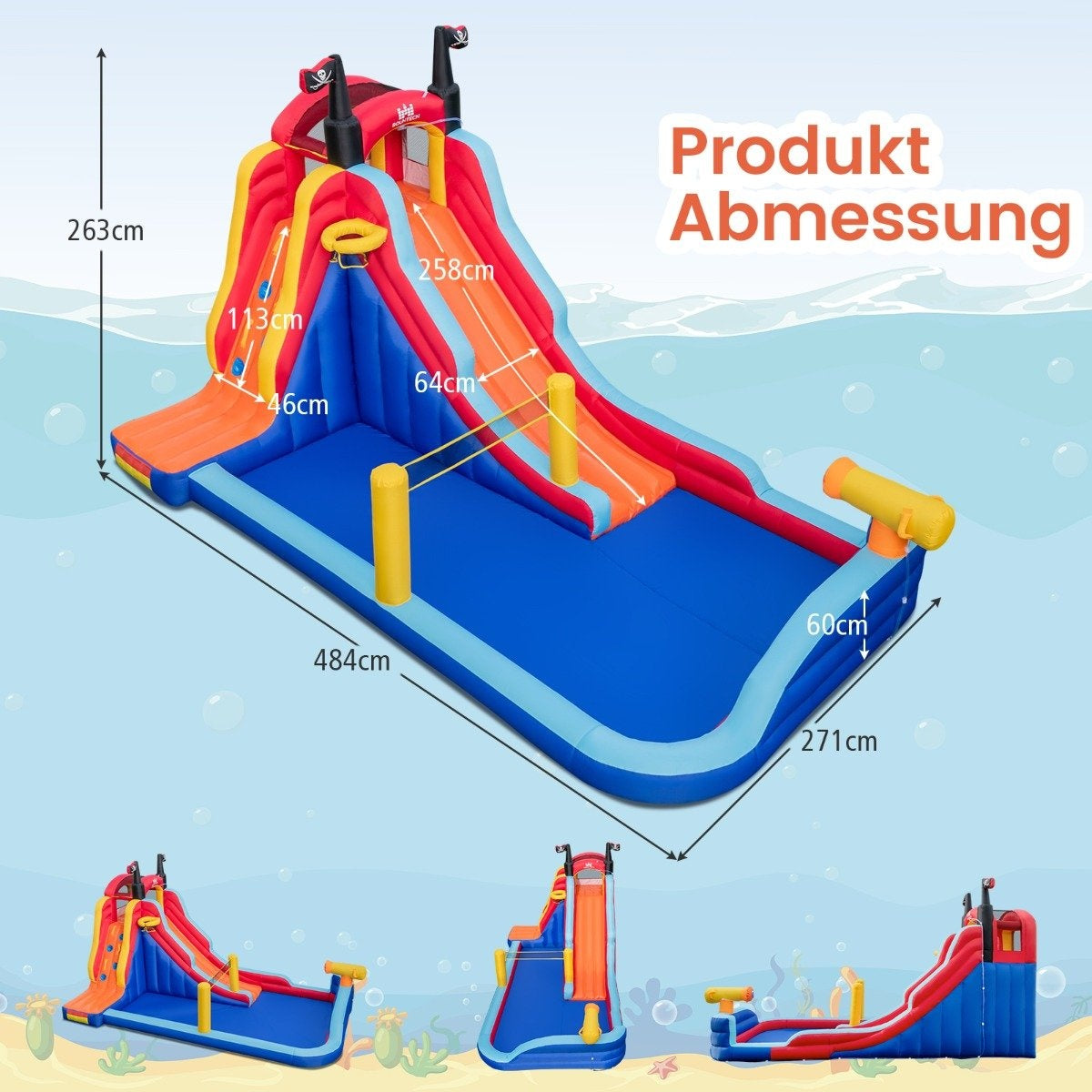 Pirate-themed 5 in 1 inflatable water park with slide, paddling pool, basketball hoop & climbing wall without blower