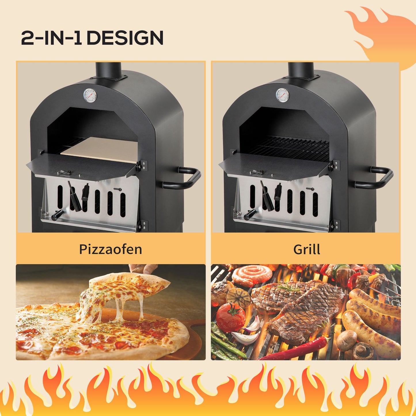 Outdoor pizza oven on wheels - wood fired, 3 tier